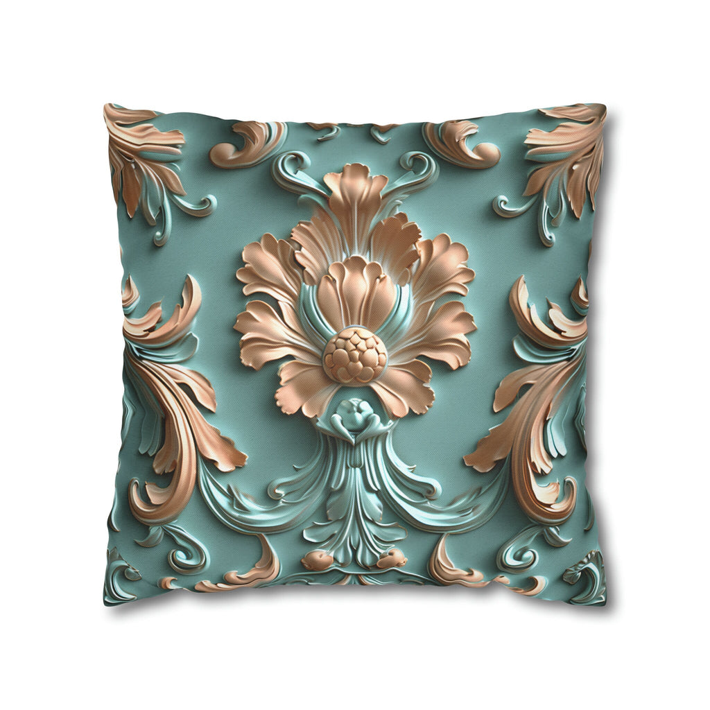 Floral Rococo Style Pillow Cover, Peach Fuzz & Light Teal Elegant Design