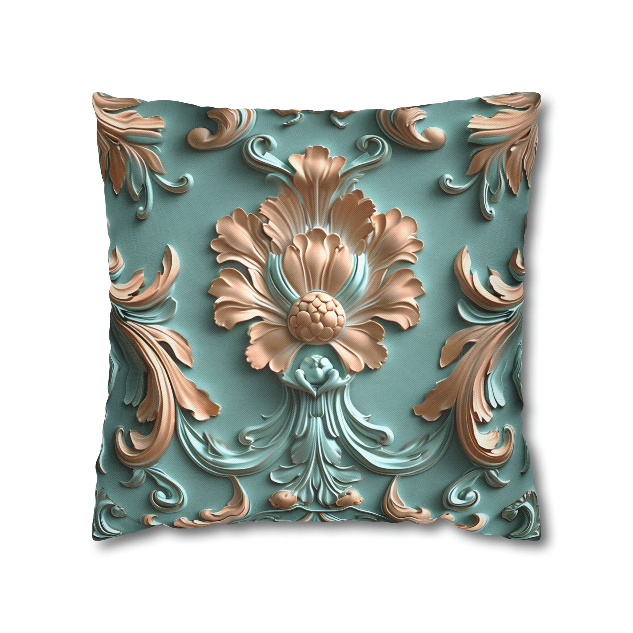 Floral Rococo Style Pillow Cover, Peach Fuzz & Light Teal Elegant Design