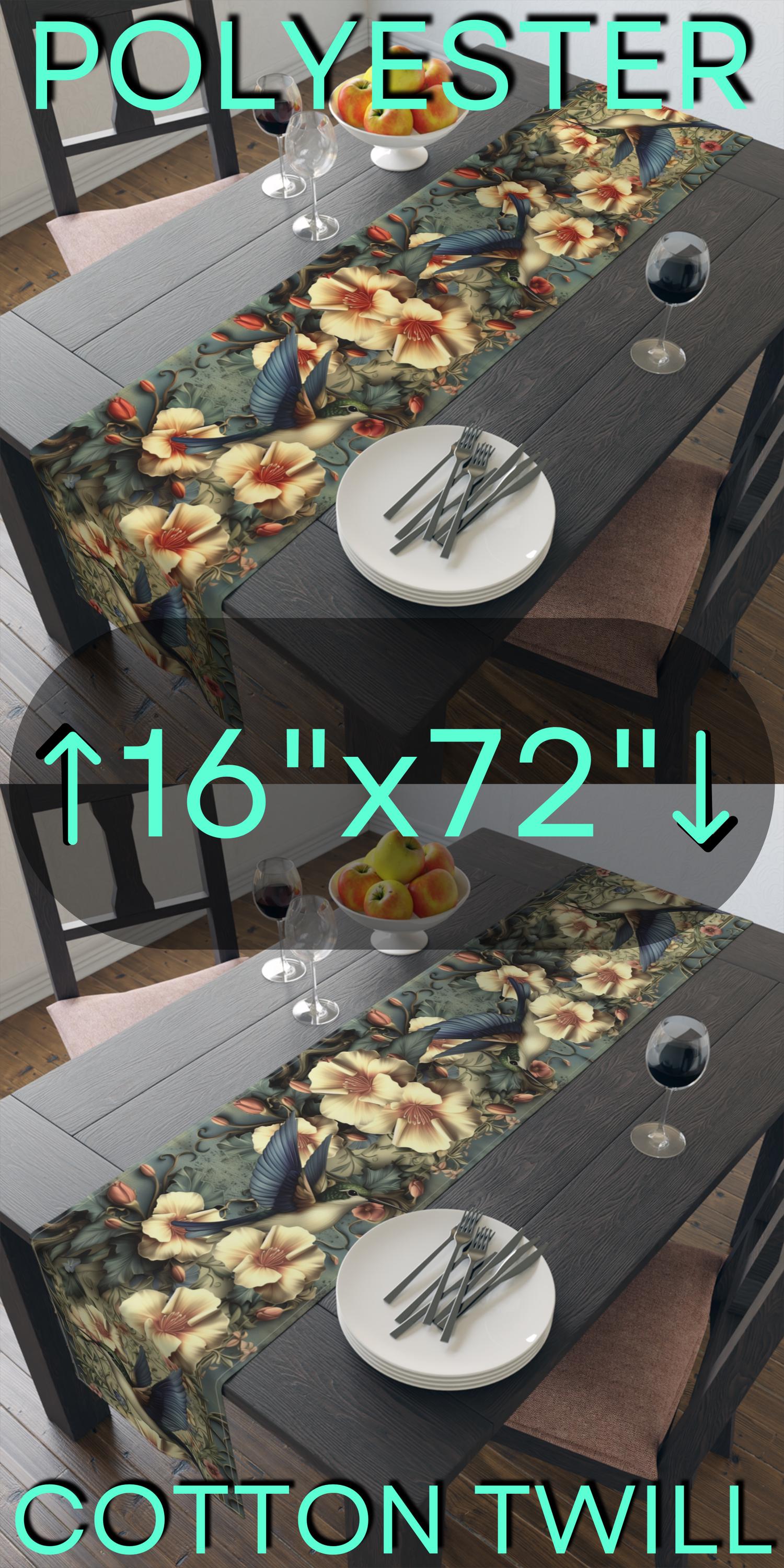 Vintage-Inspired Hummingbird Floral Table Runner: William Morris Tapestry Design for Elegant Garden Decor