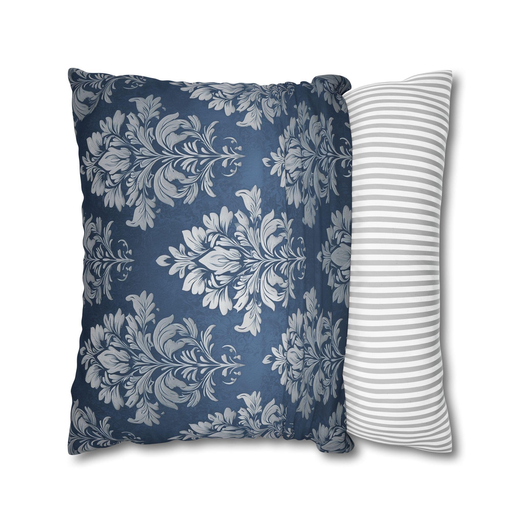 Steel Blue Damask Pillow Cover: Elegant Floral Cushion