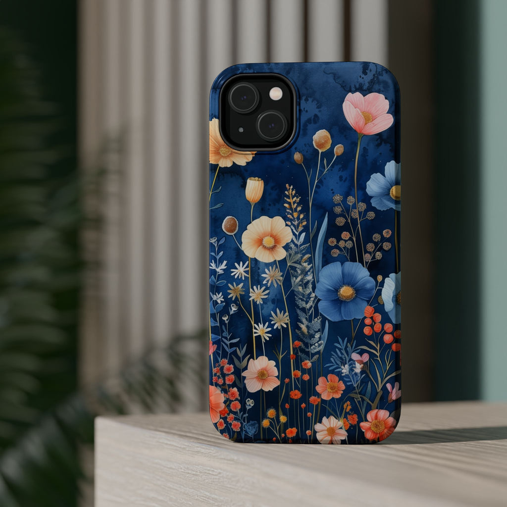 Blue Wildflower MagSafe iPhone Case: Dreamy Floral Design 14 15 16 Pro Plus Max