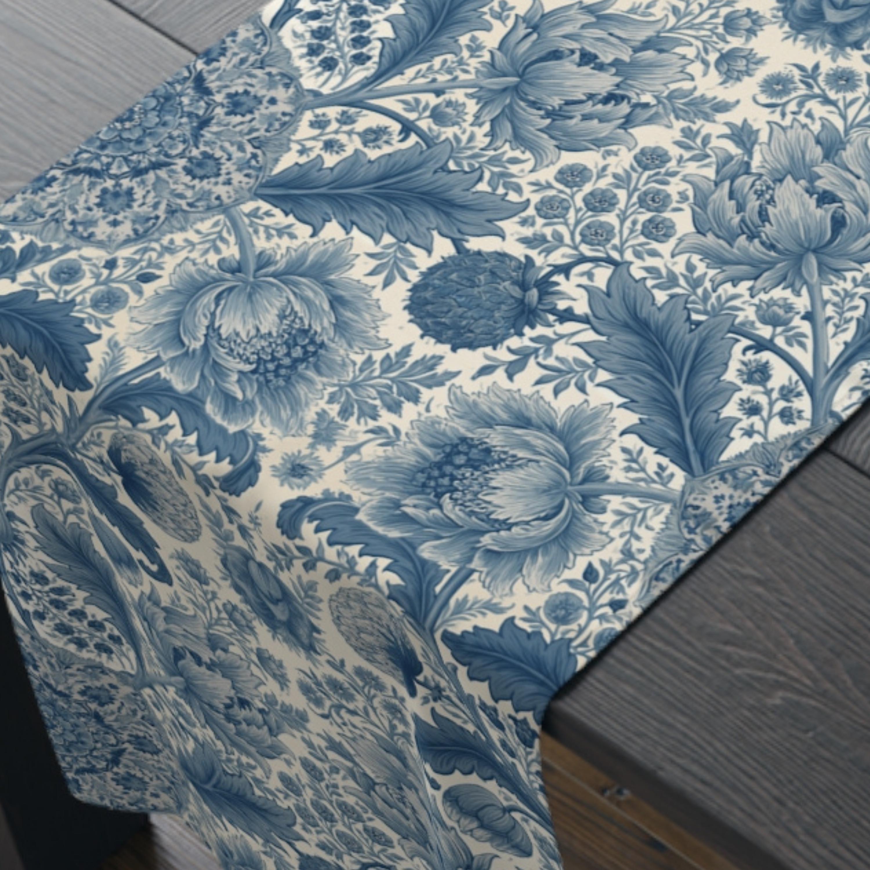 Botanical Toile Table Runner: Blue and Cream Vintage Style French Country Decor