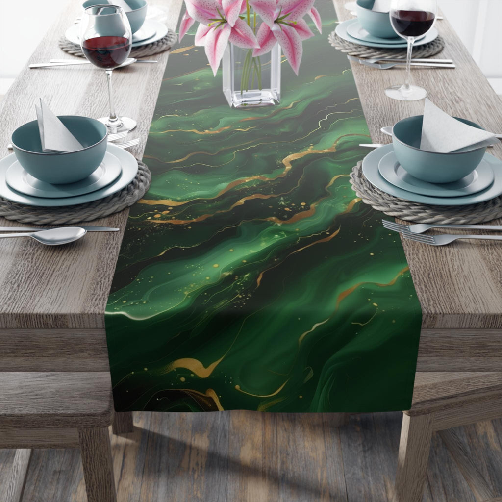 Modern Abstract Waves Table Runner:  Emerald Green and  Gold Luxe Decor