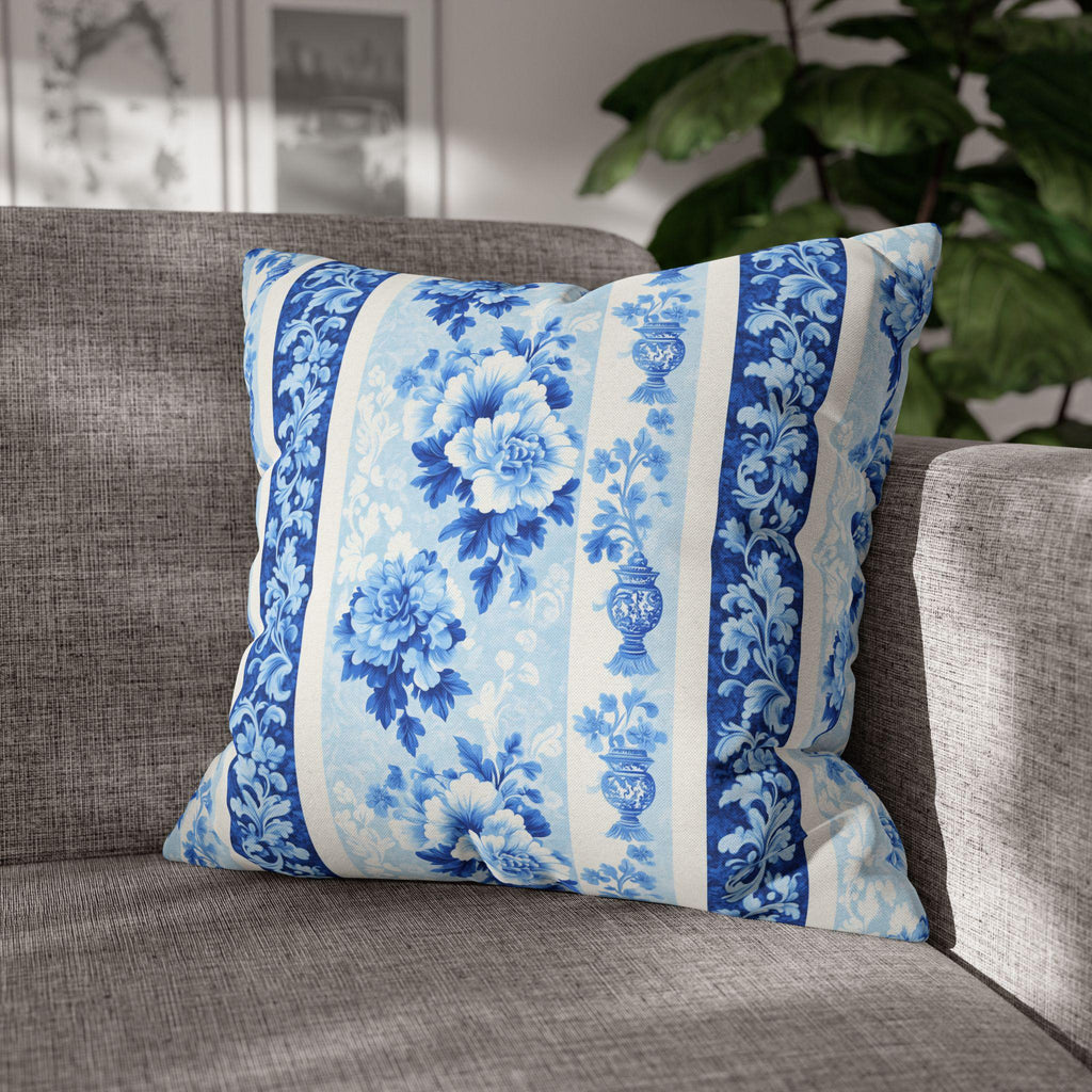 Elegant Chinoiserie Floral Pillowcase: Blue & White Striped French Country Home Decor Accent