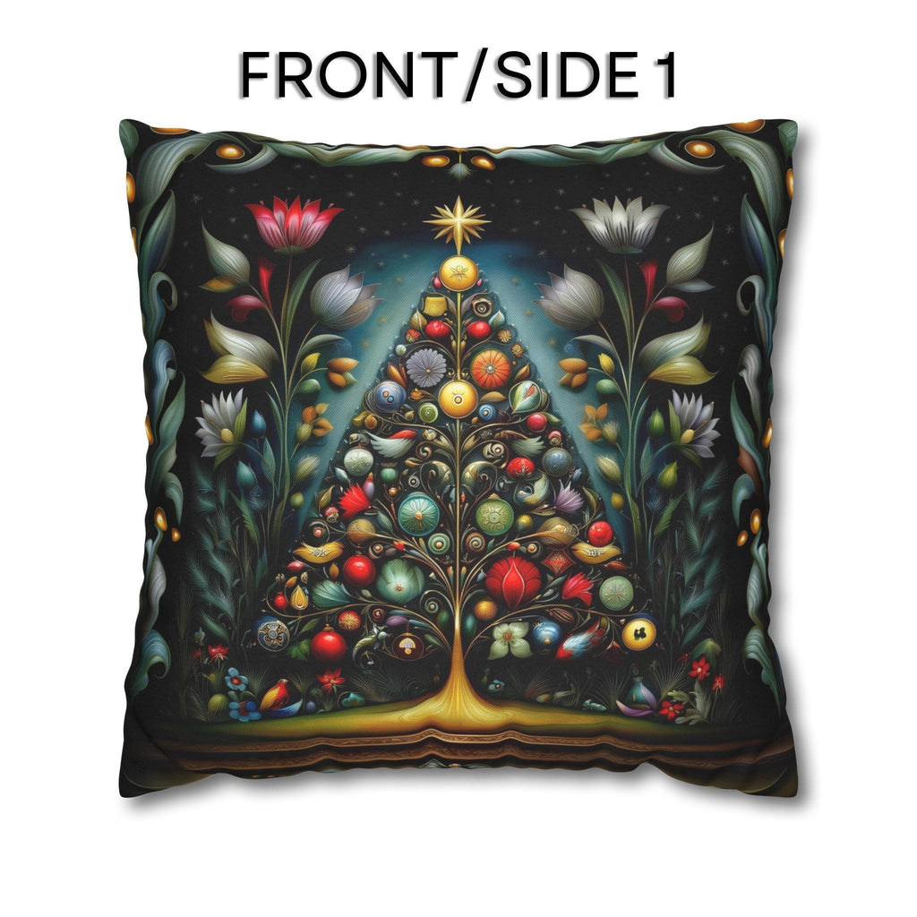 Jewel Tone Christmas Pillow Cover: Decorated Botanical Tree with Bright Ornaments and Florals