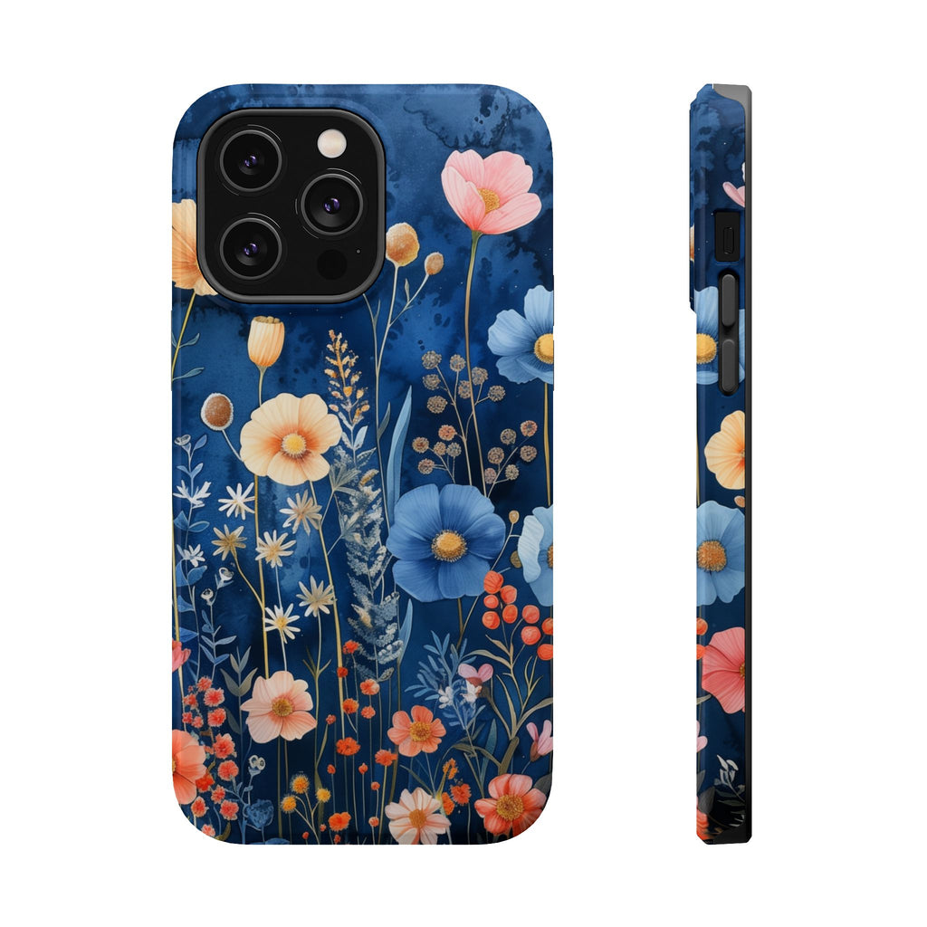 Blue Wildflower MagSafe iPhone Case: Dreamy Floral Design 14 15 16 Pro Plus Max