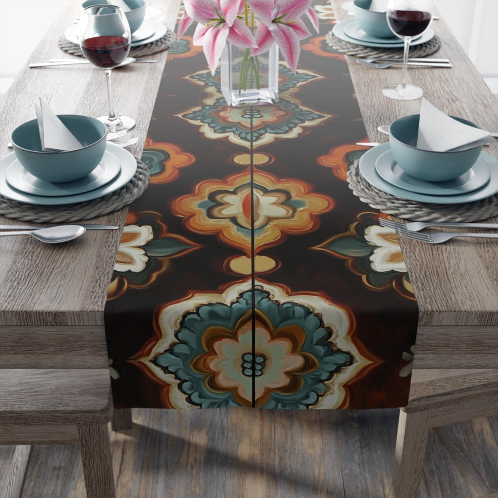Earthy Mandala Table Runner: Boho Tile Pattern in Burnt Orange, Teal, and Espresso