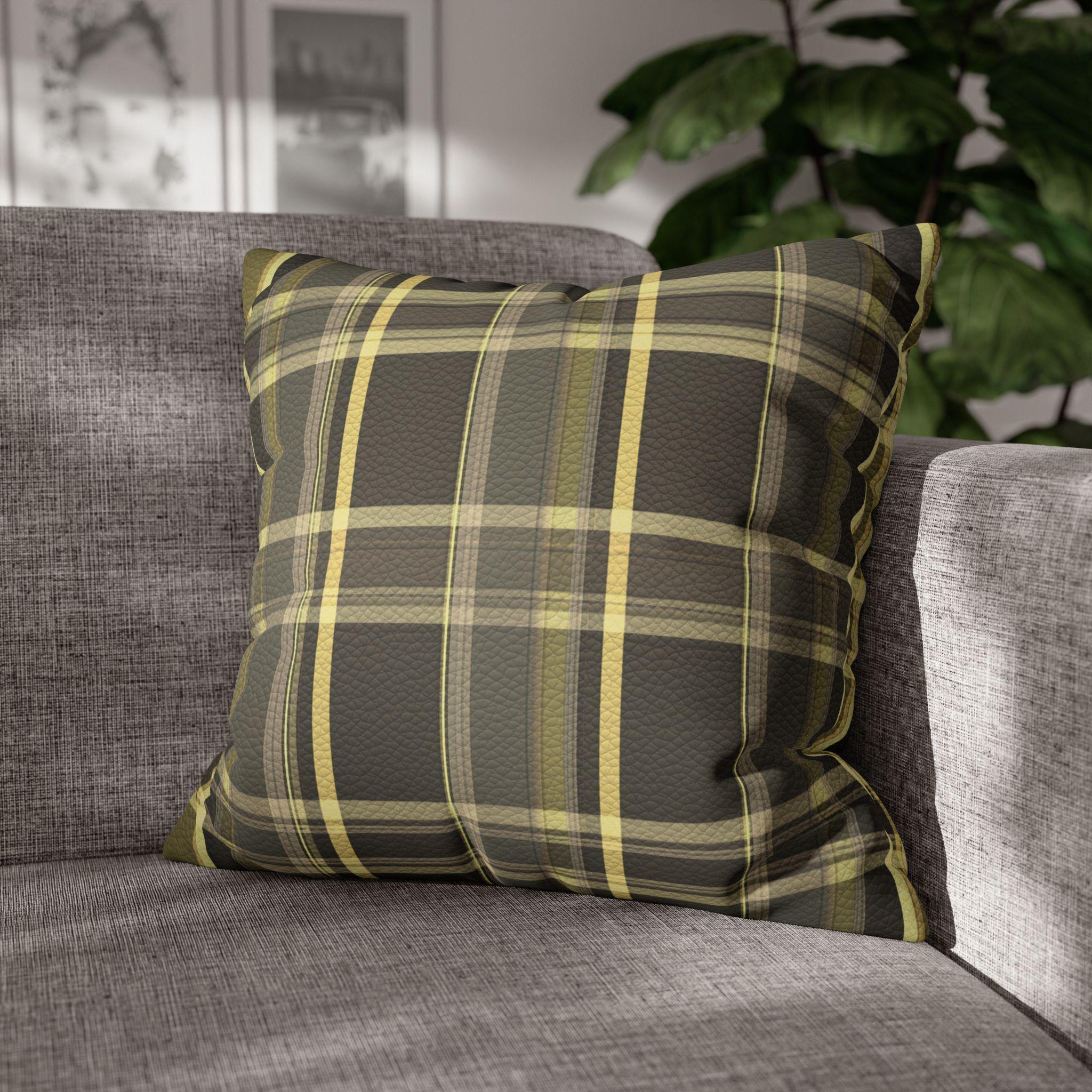 Vegan Faux Suede Material Printed Pillow Cover: Modern Olive & Golden Yellow Plaid Soft Leather-Look