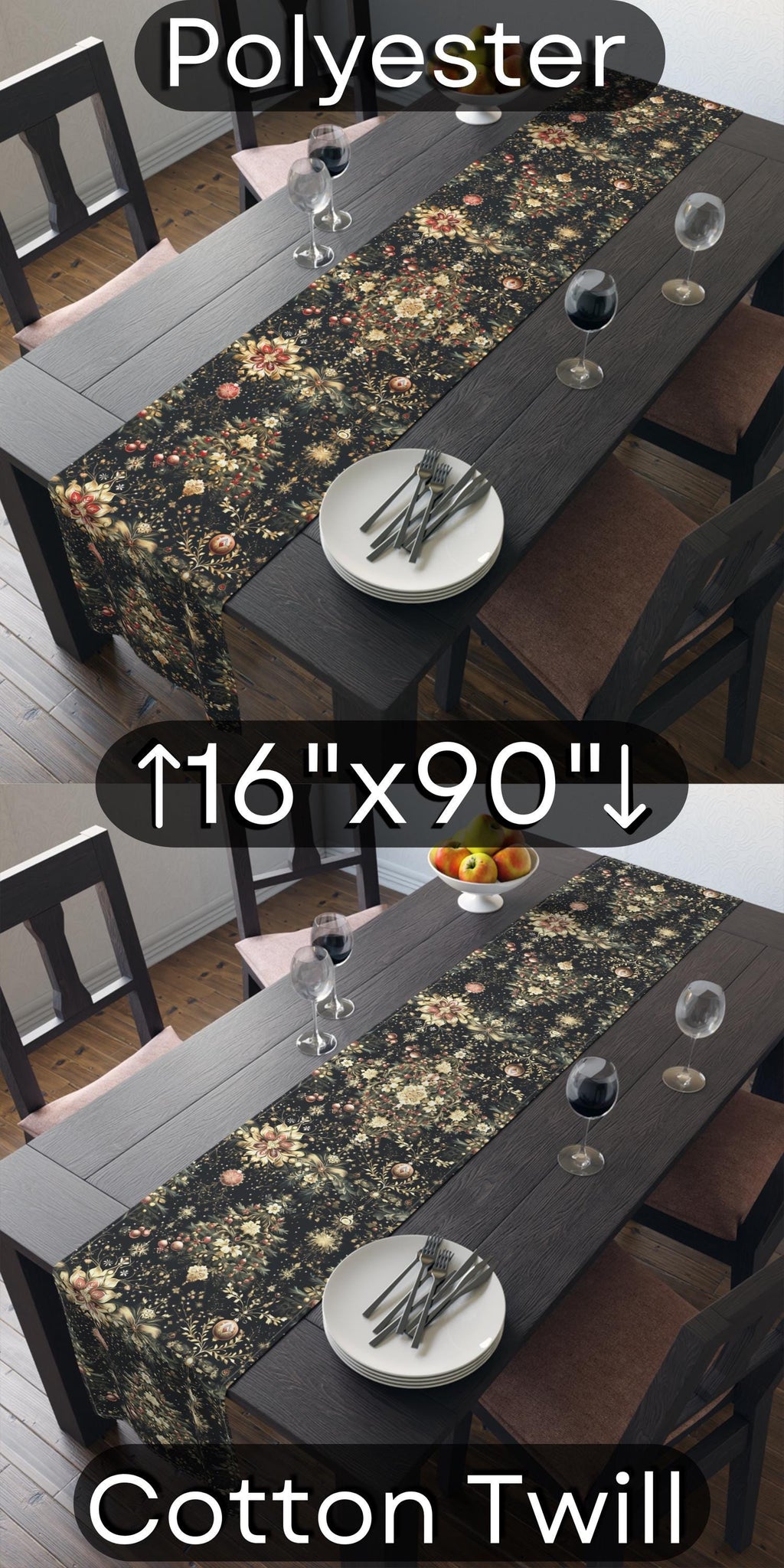 Christmas Tree Table Runner: Luxe Gold Red & Green on Deep Charcoal Holiday Table Decor