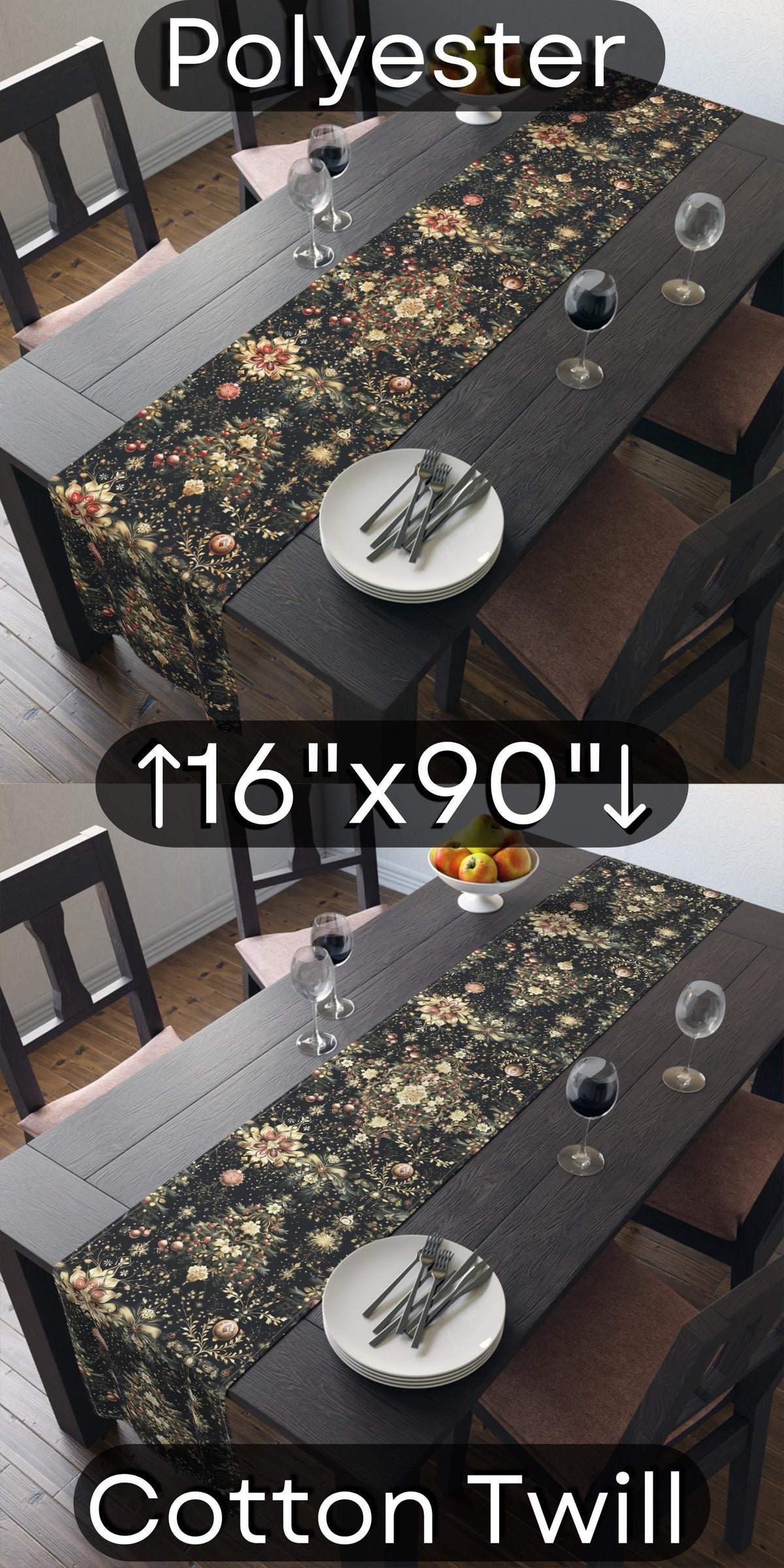 Christmas Tree Table Runner: Luxe Gold Red & Green on Deep Charcoal Holiday Table Decor