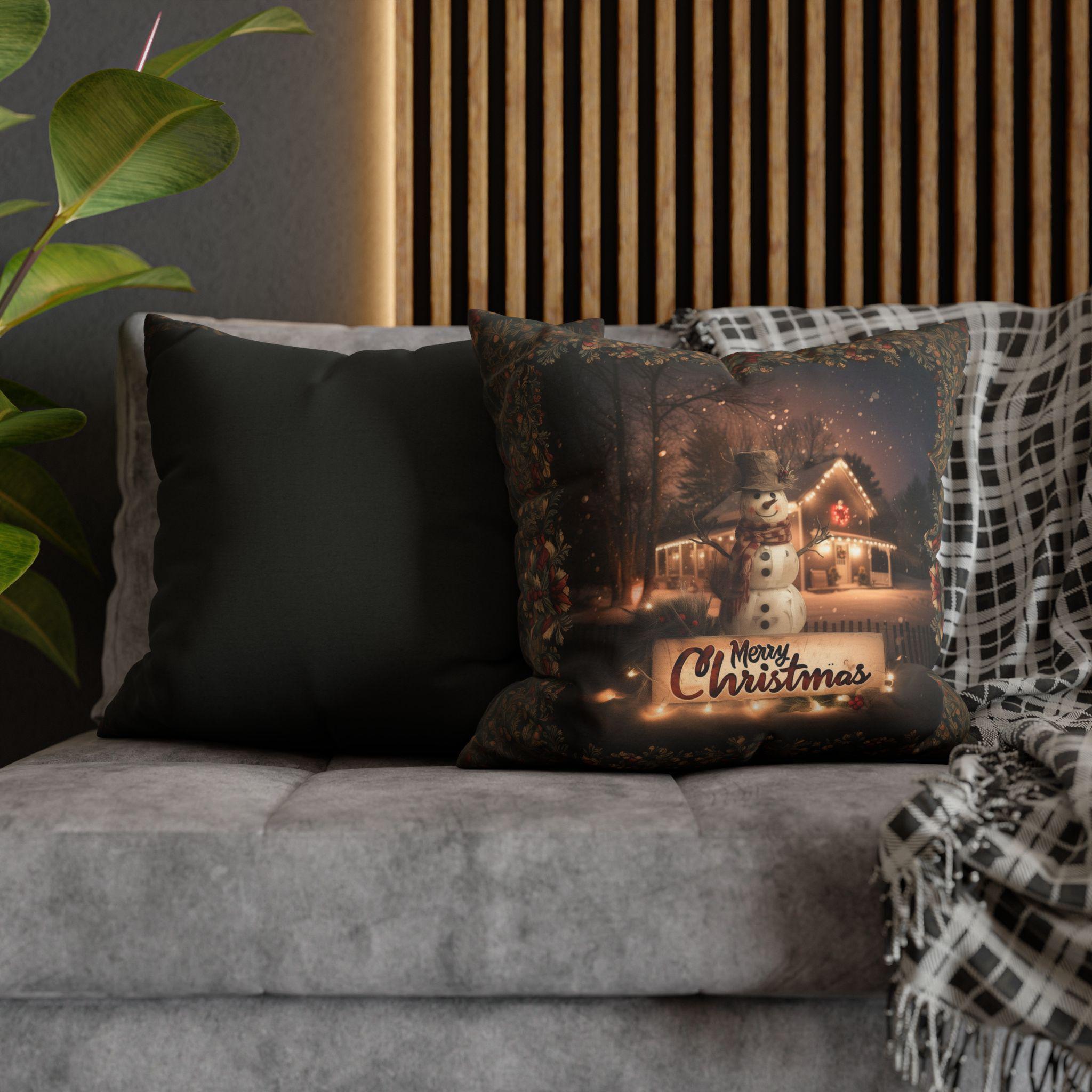 Country Farmhouse Christmas Snowman Pillow Cover with Intricate Botanicals and Vines Border