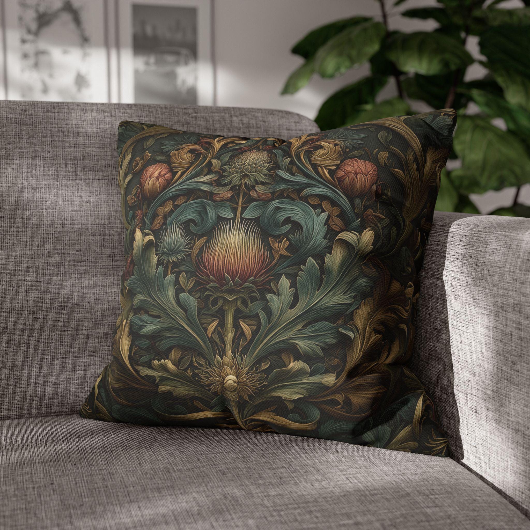 Midnight Morris Pillow Cover: Arts and Crafts Moody Blooms for Autumn