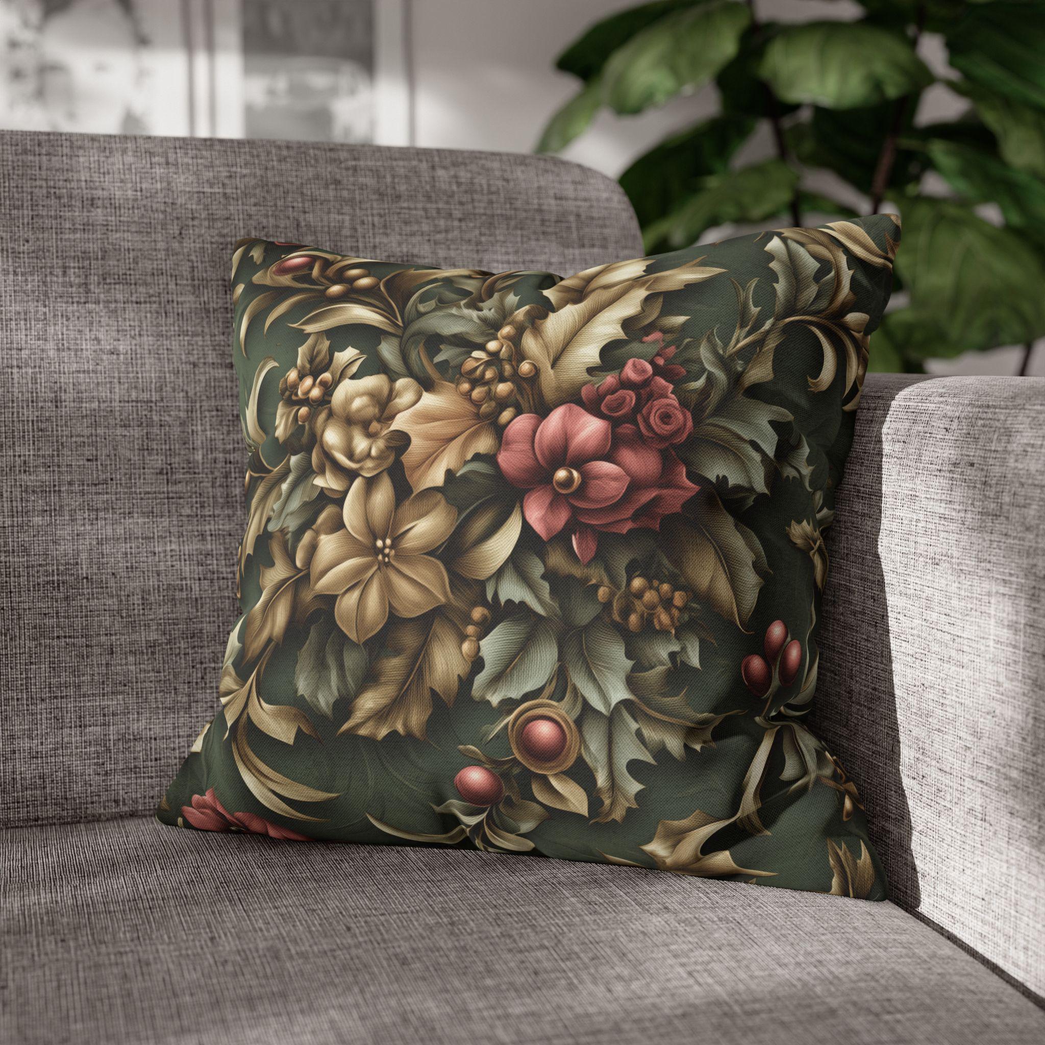 William Morris Inspired Holly & Poinsettia Christmas Pillow Cover: Pine, Gold, Cranberry