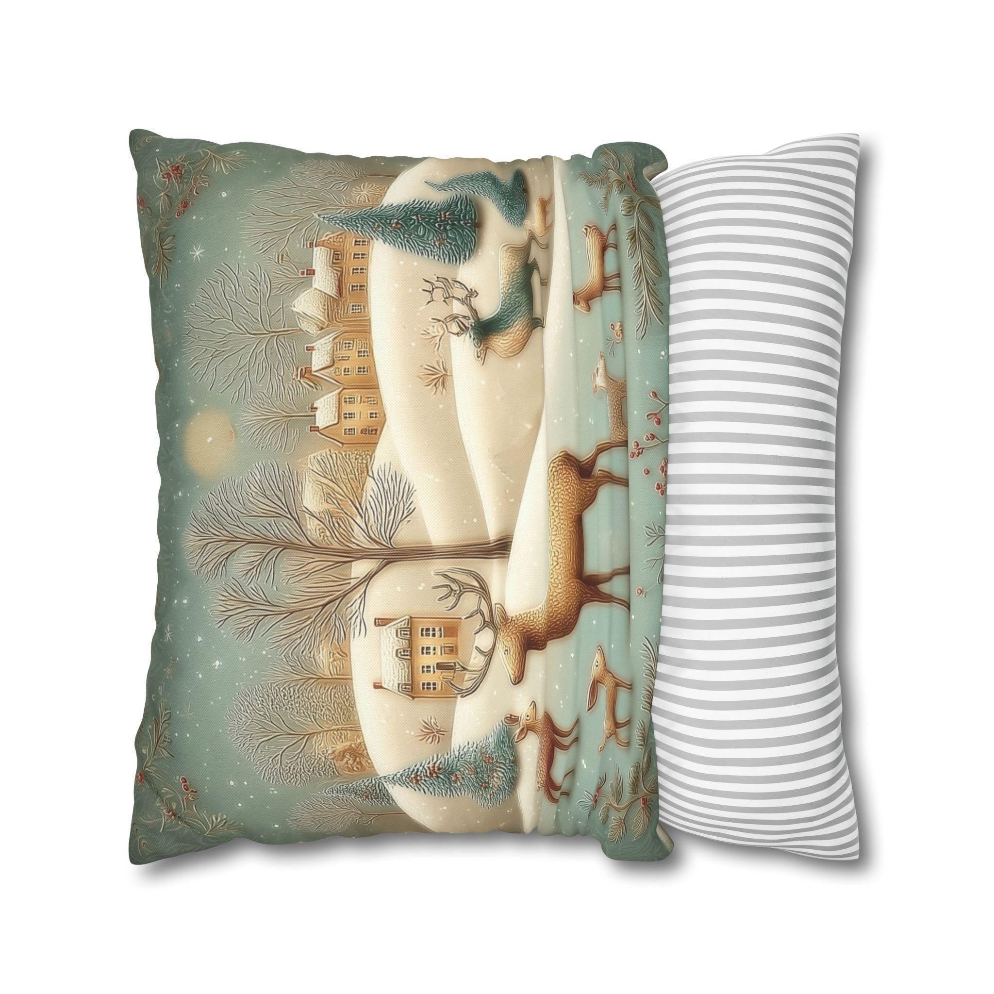 Whimsical Woodland Christmas Pillow Cover: Storybook Deer & Snowy Village