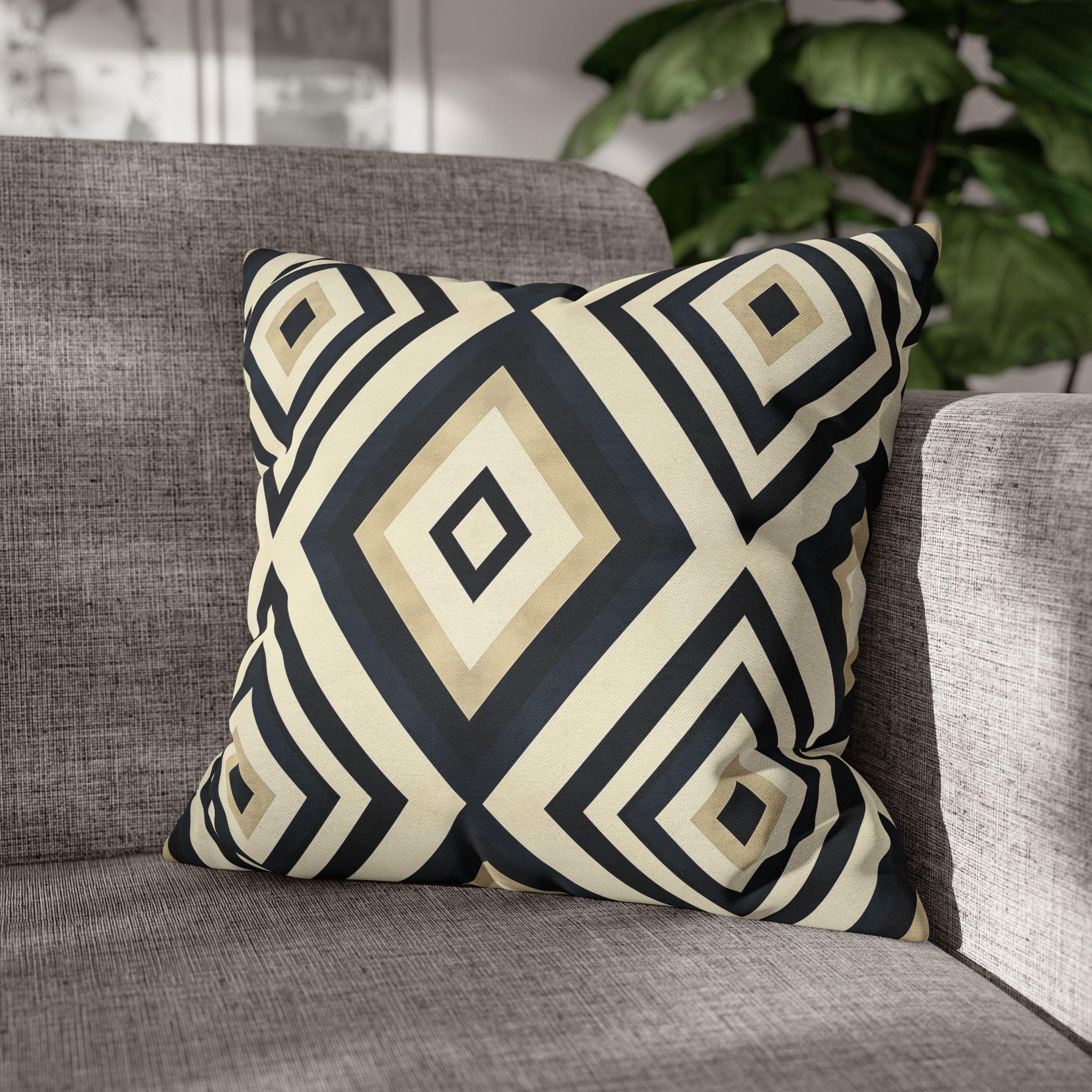 Diamond Geometric Pillow Cover: Navy, Cream & Beige - Modern Decor