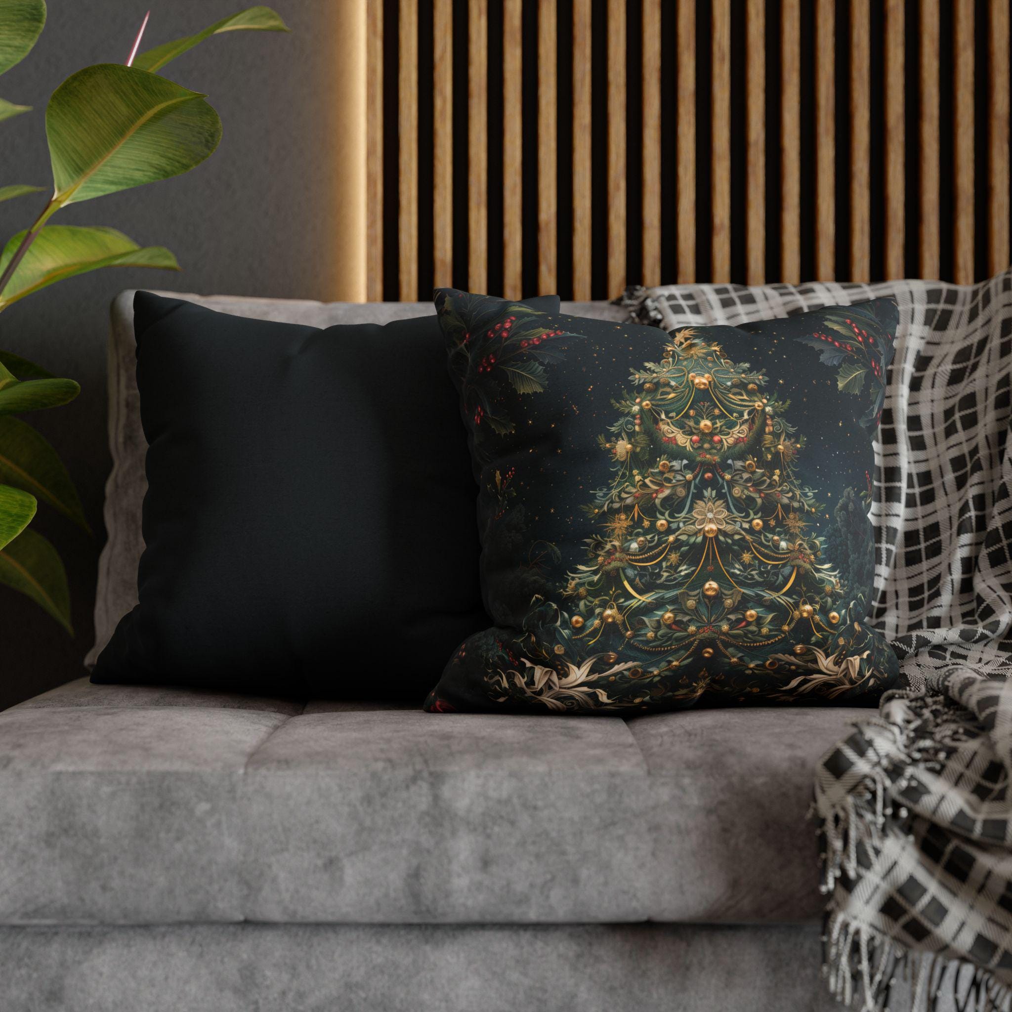 William Morris Inspired Christmas Tree Pillow Cover: Vintage Holiday Decor with Dark Blue-Green Back