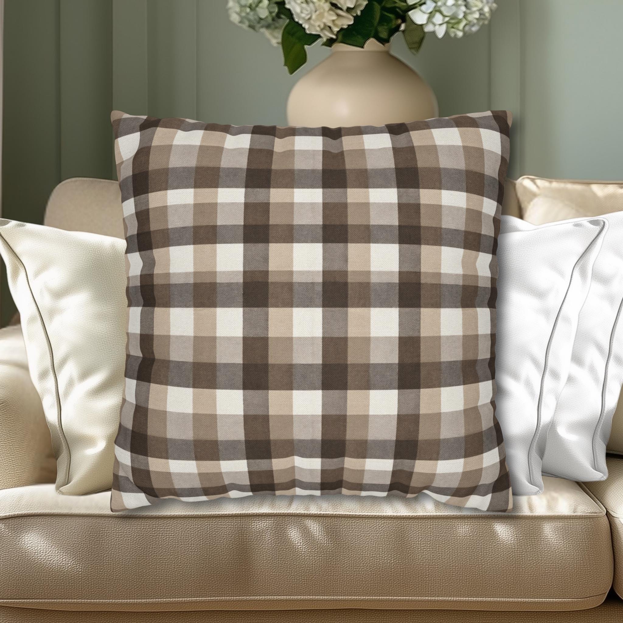 Neutral Brown Gingham Plaid Pillow Cover: Farmhouse Buffalo Check Accent