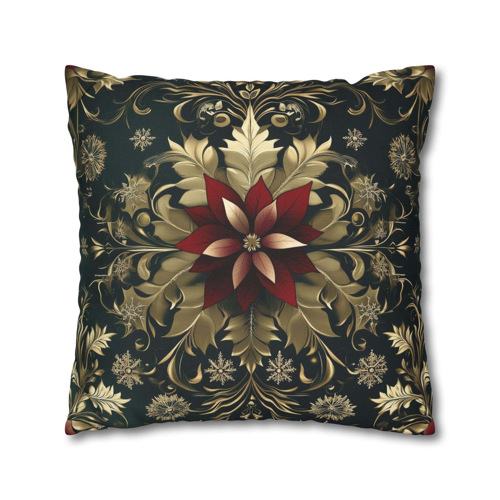 Poinsettia Pillowcase: Festive Holiday Floral, Red and Gold Winter Accent