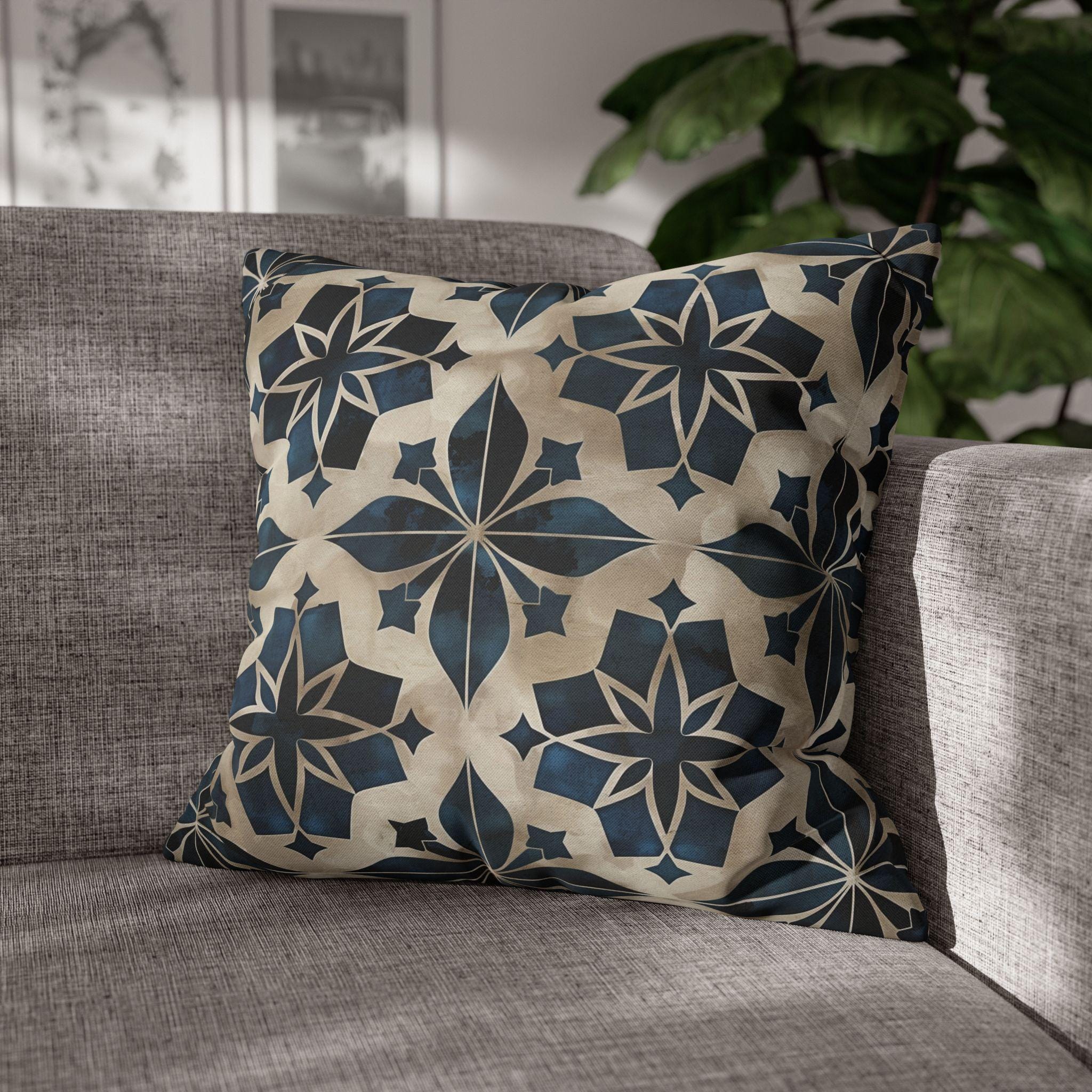 Moroccan Tile Pattern Square Pillowcase, Navy Blue Beige Geometric Design Decorative Cushion Cover