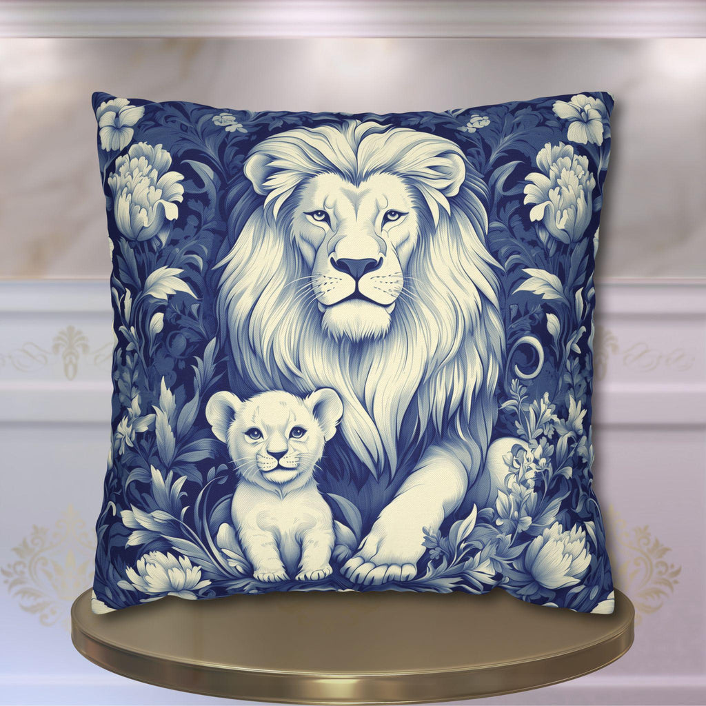 William Morris Inspired Lion Pillow Cover: Blue & White Floral Jungle Motif Decorative Cushion Case