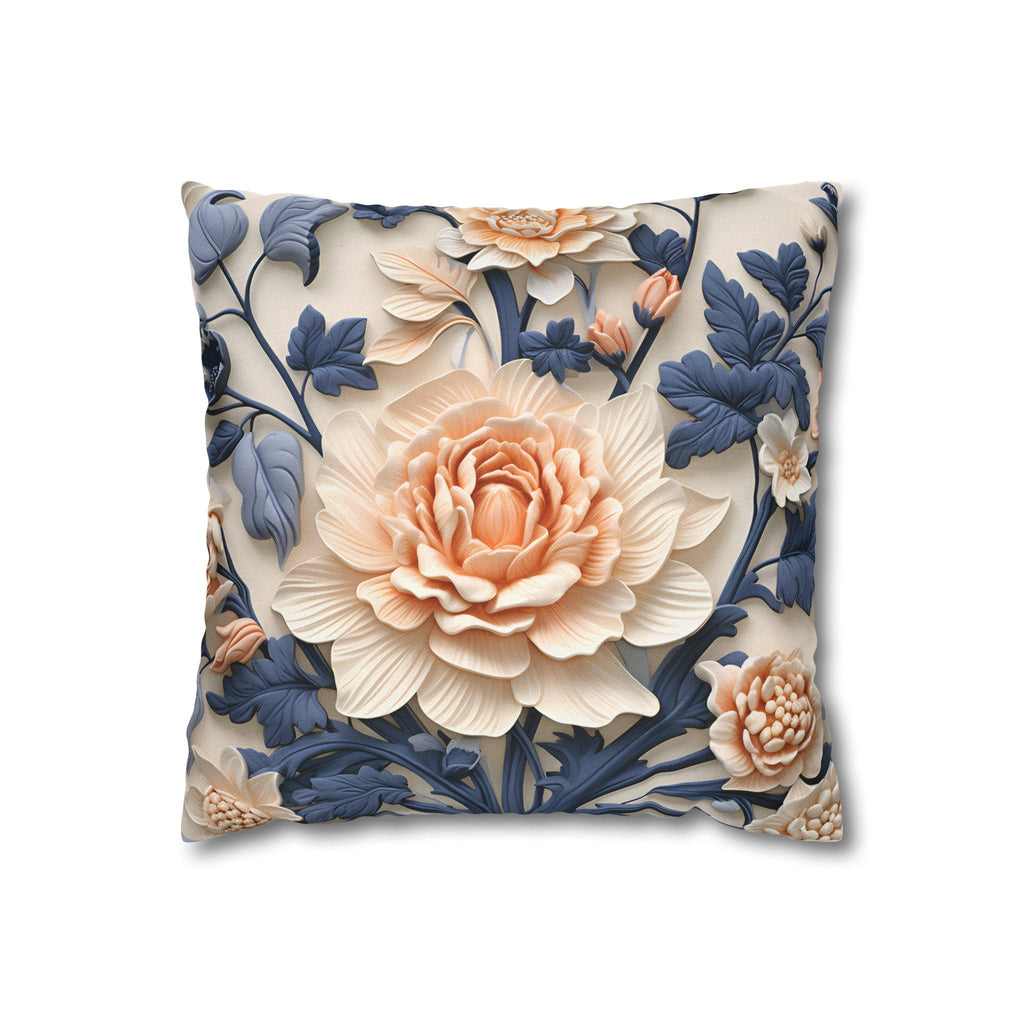 Chinoiserie Floral Pillow Cover: Peach Flower, Dark Blue Botanicals