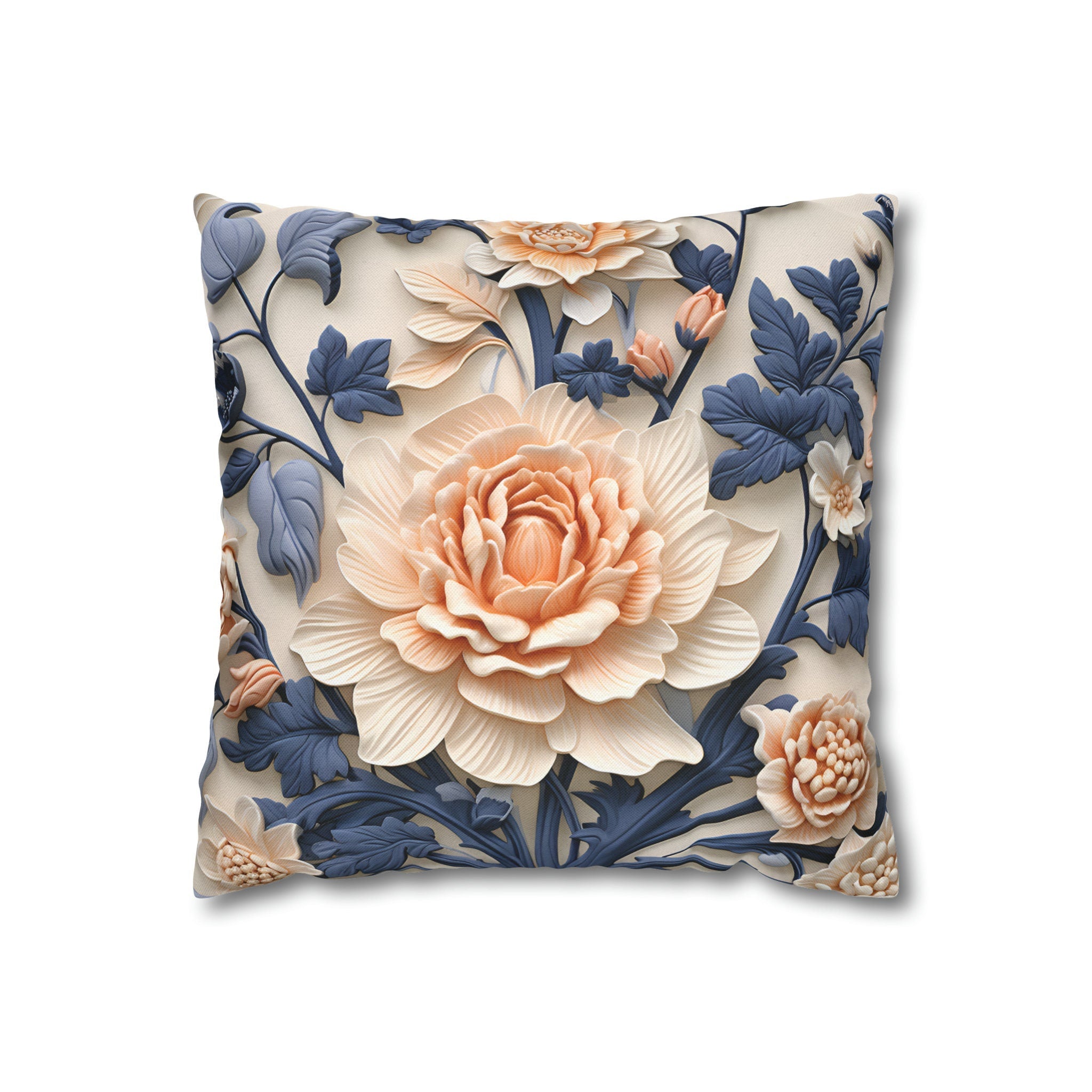 Chinoiserie Floral Pillow Cover: Peach Flower, Dark Blue Botanicals