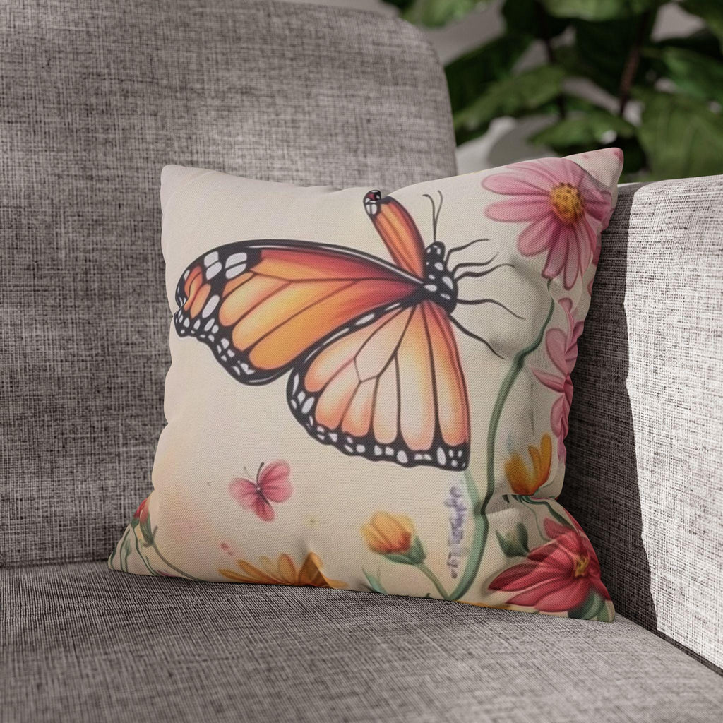 Monarch Butterfly Pillow Cover: Colorful Wildflower Garden on Soft Peach Background