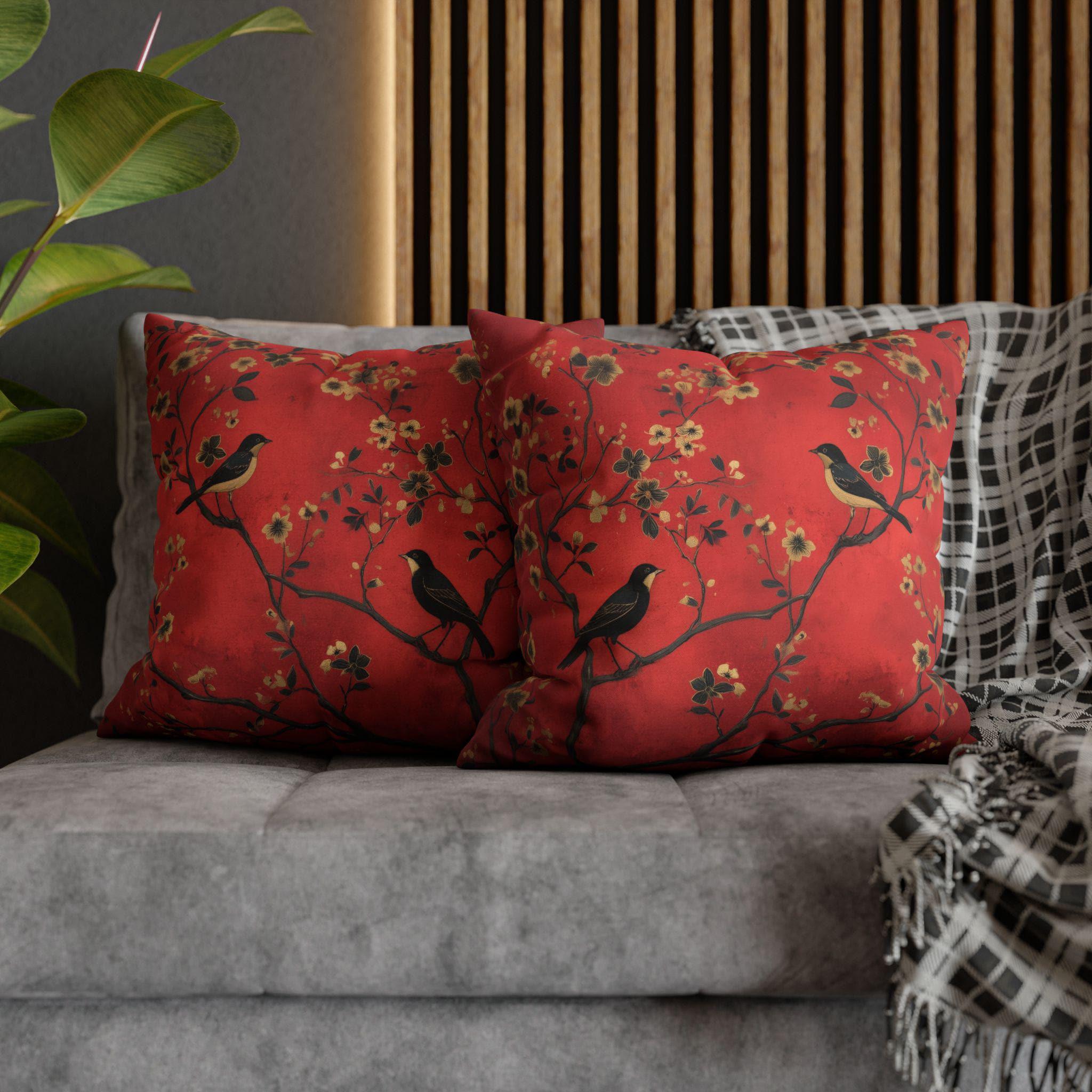 Chinoiserie Bird Pillow Cover: Crimson Floral Accent Cushion