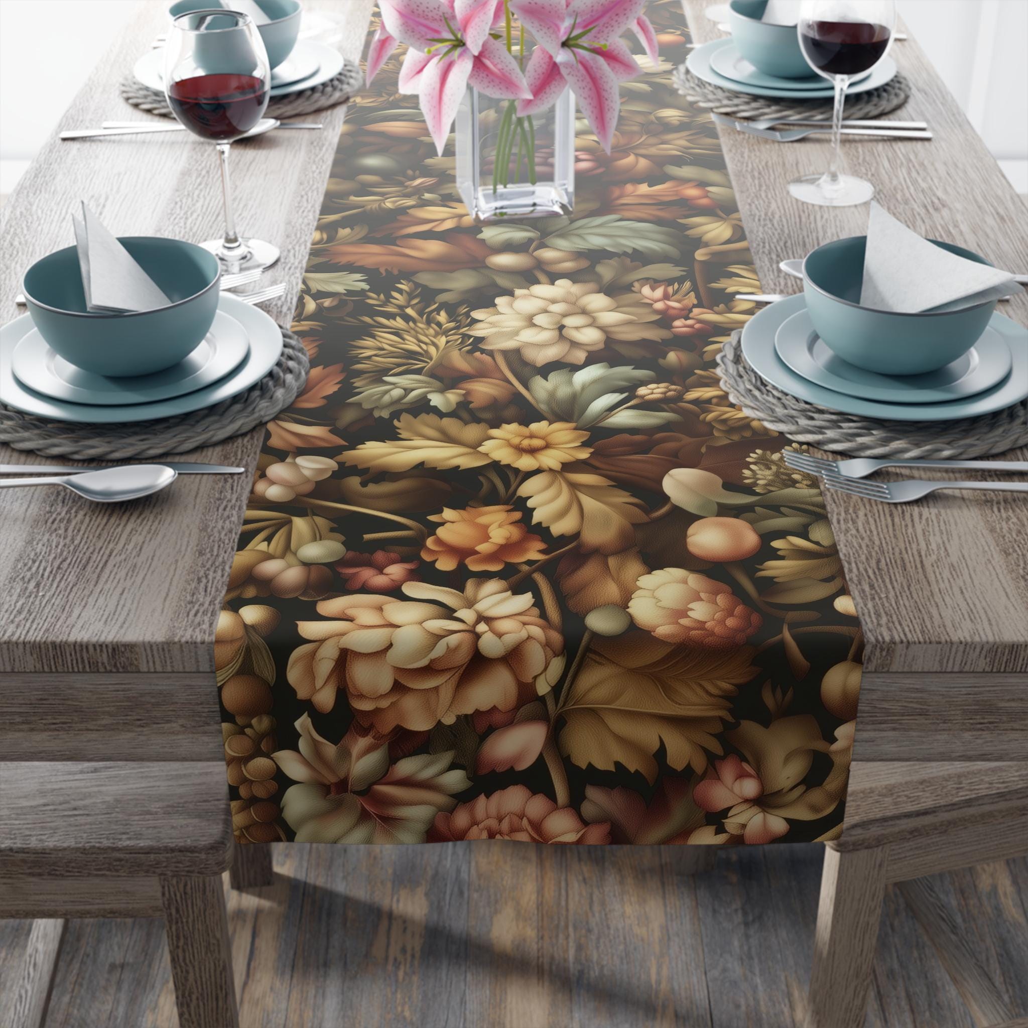 William Morris Inspired Autumn Floral Table Runner: Elegant Thanksgiving Dining Decor
