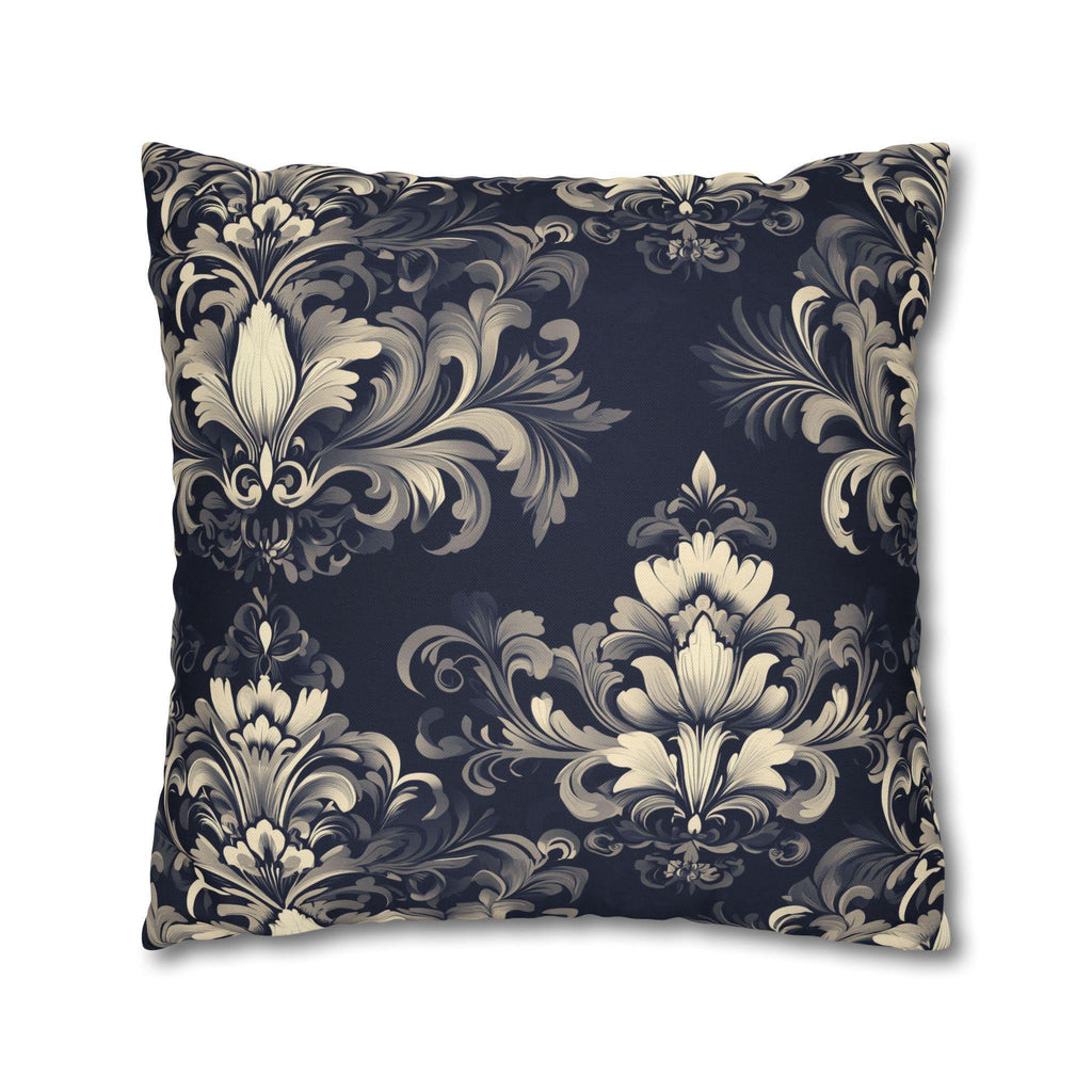 Damask Inspired Pillow Cover, Opulent Floral Scroll Motif, Luxury Ivory & Blue Square Pillowcase