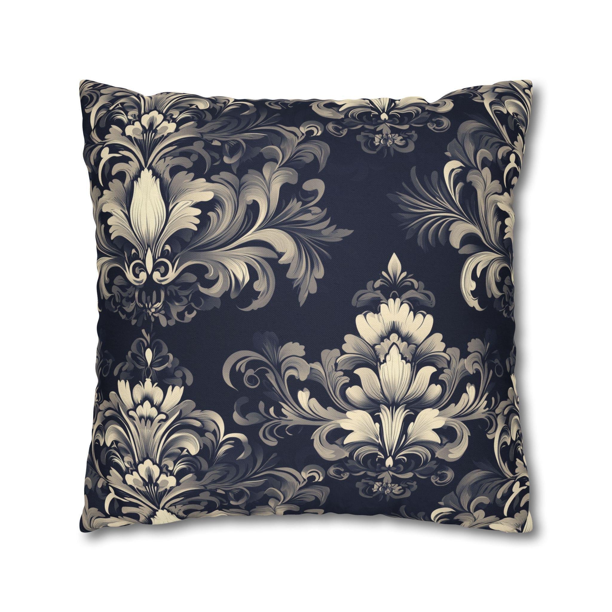 Damask Inspired Pillow Cover, Opulent Floral Scroll Motif, Luxury Ivory & Blue Square Pillowcase