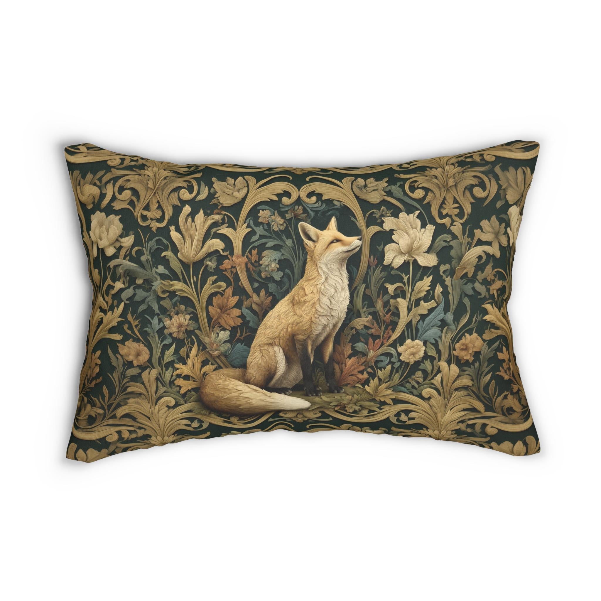William Morris Fox Lumbar Pillow: Dark Woodland Botanical Arts & Crafts Decor