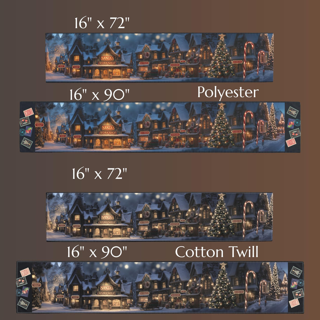 Vintage Style North Pole Christmas Table Runner: Navy, Gold, Pine