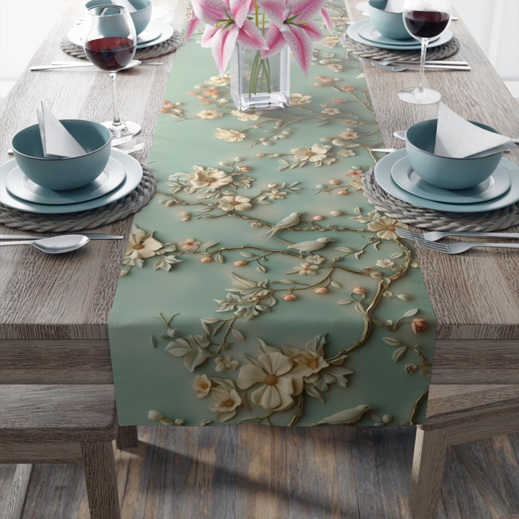 Elegant Chinoiserie Table Runner: Pastel Blue-Green Birds & Blossoms, 3D Floral Dining Decor