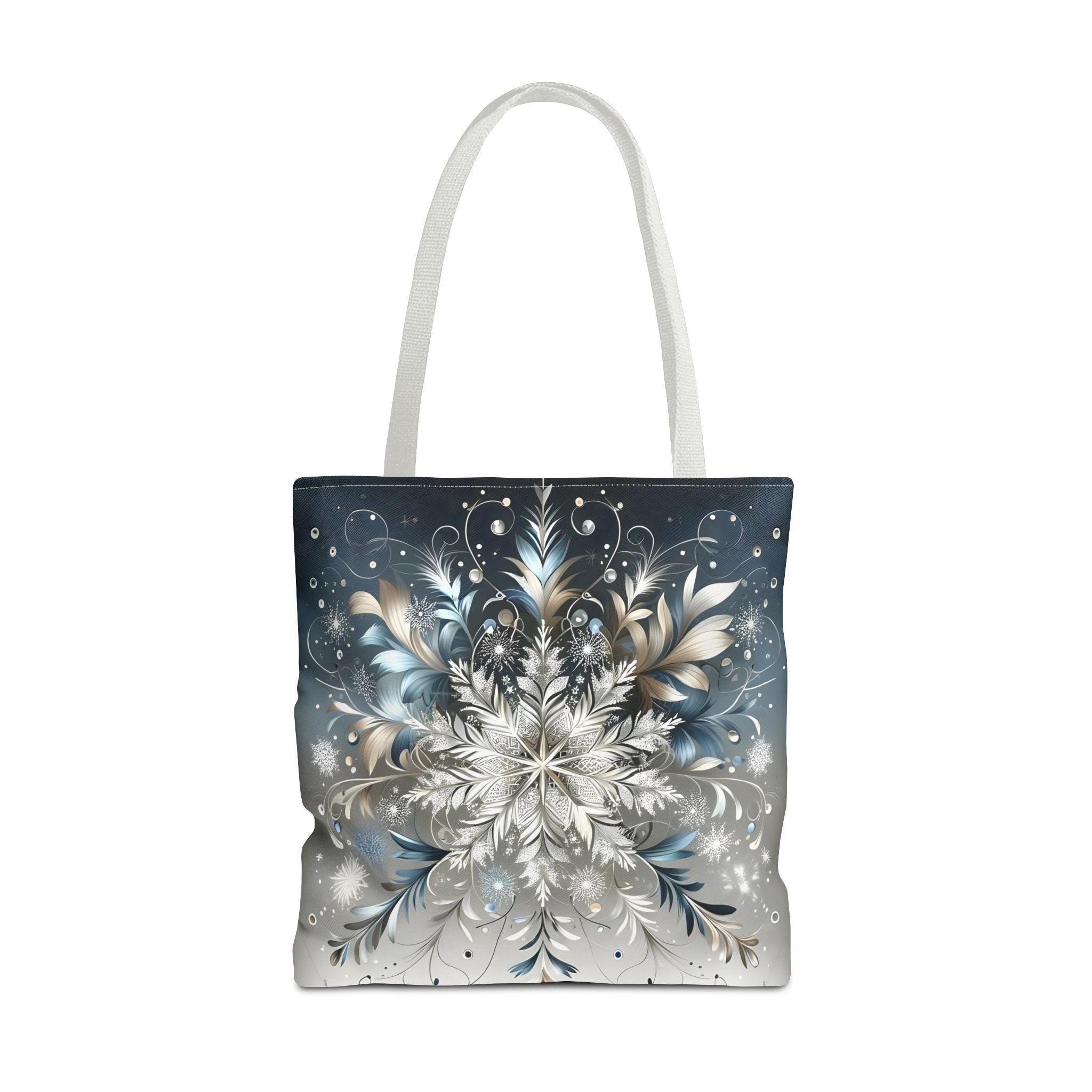 Elegant Snowflake Tote Bag, Silver & Blue Polyester Canvas