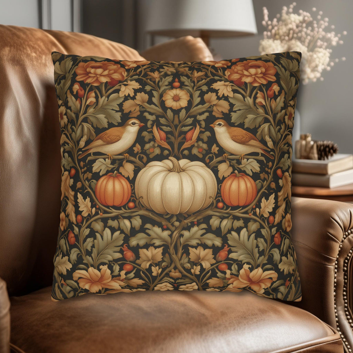 Pumpkin Thief Pillow Cover: William Morris Inspired Autumn Botanical Birds
