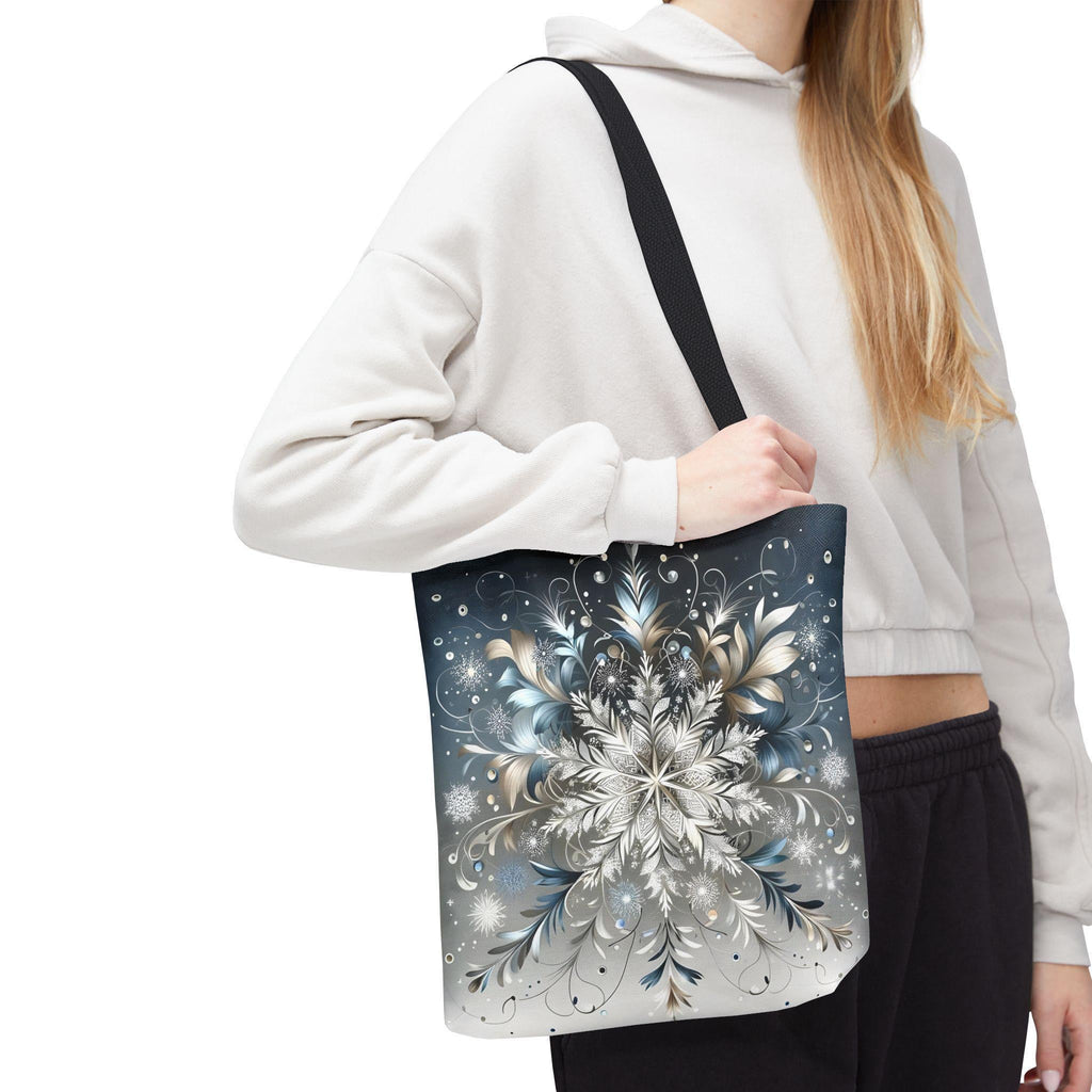 Elegant Snowflake Tote Bag, Silver & Blue Polyester Canvas