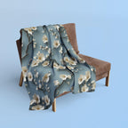 Chinoiserie Fleece Throw: Blue-Teal Gradient with Cream Cherry Blossom Design - Cozy Home Accent