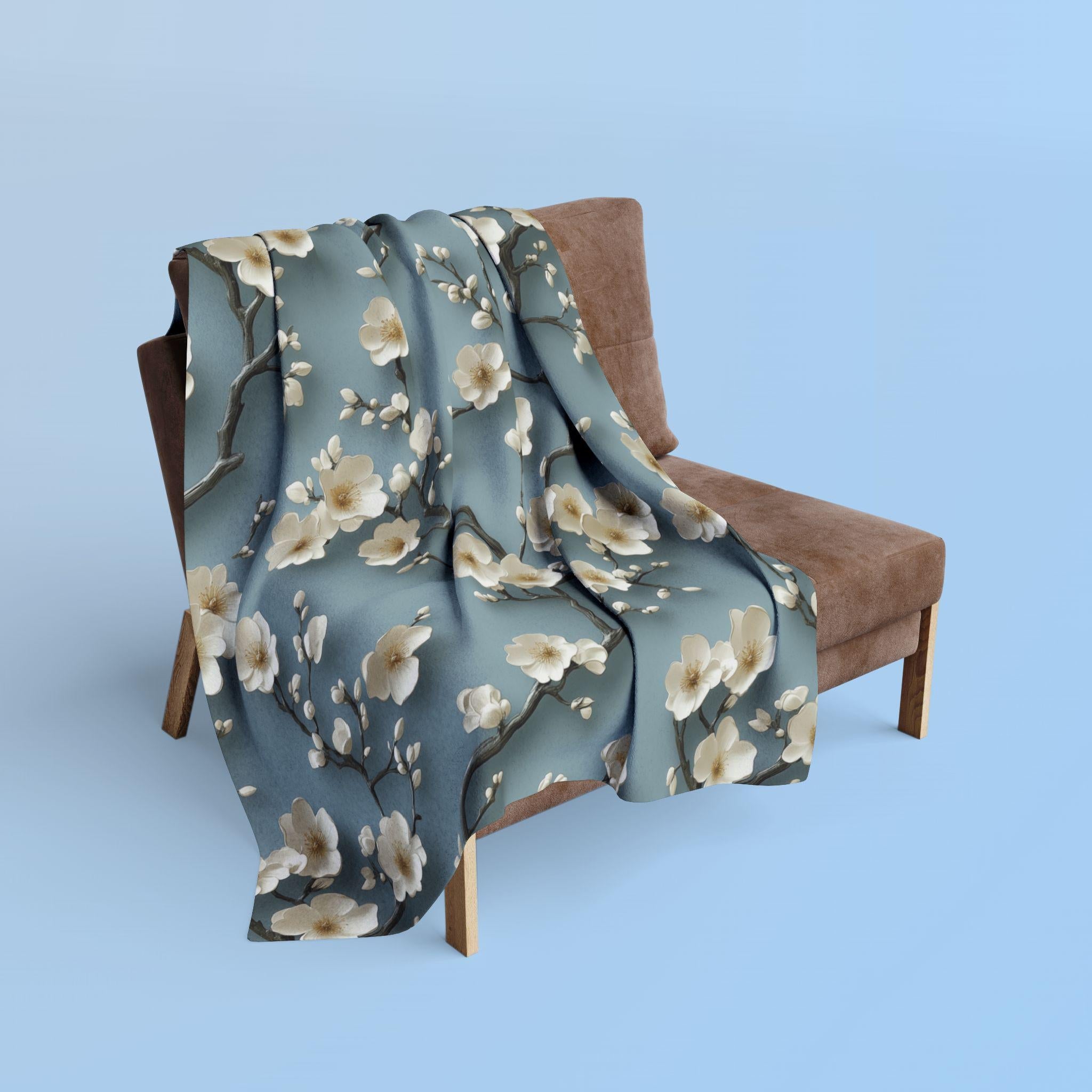 Chinoiserie Fleece Throw: Blue-Teal Gradient with Cream Cherry Blossom Design - Cozy Home Accent
