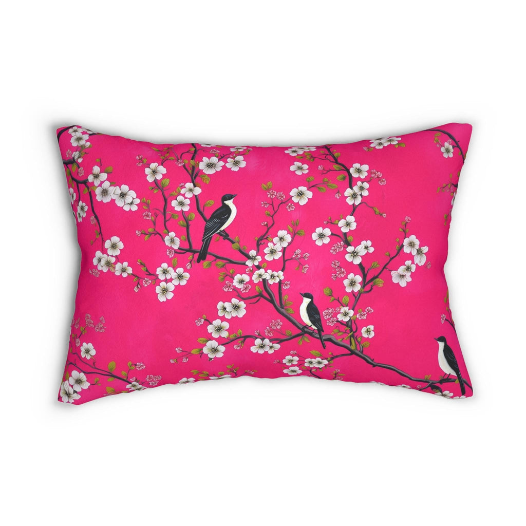Chinoiserie Magenta Bird Lumbar Pillow: Vibrant Botanical Accent for Eclectic Decor