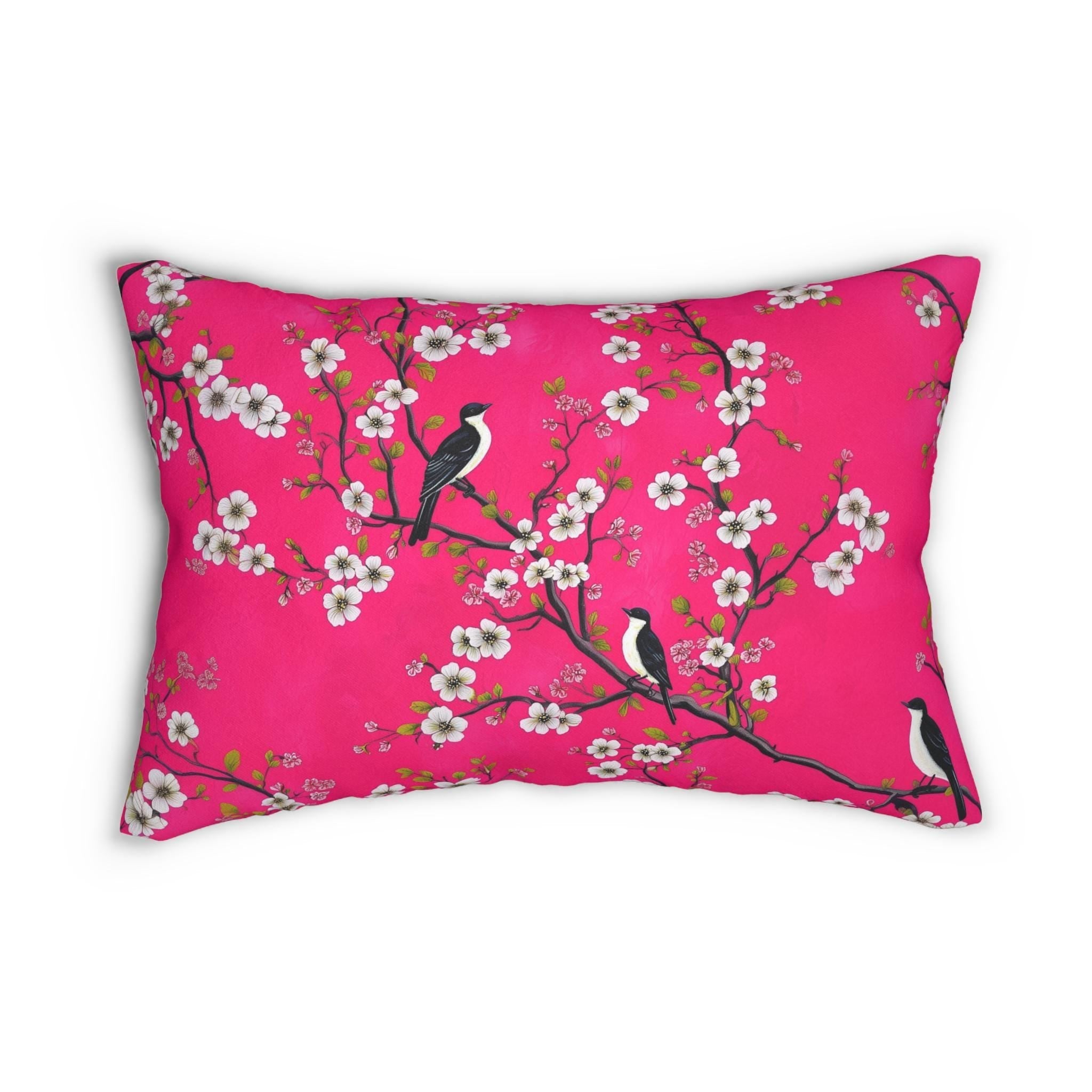 Chinoiserie Magenta Bird Lumbar Pillow: Vibrant Botanical Accent for Eclectic Decor