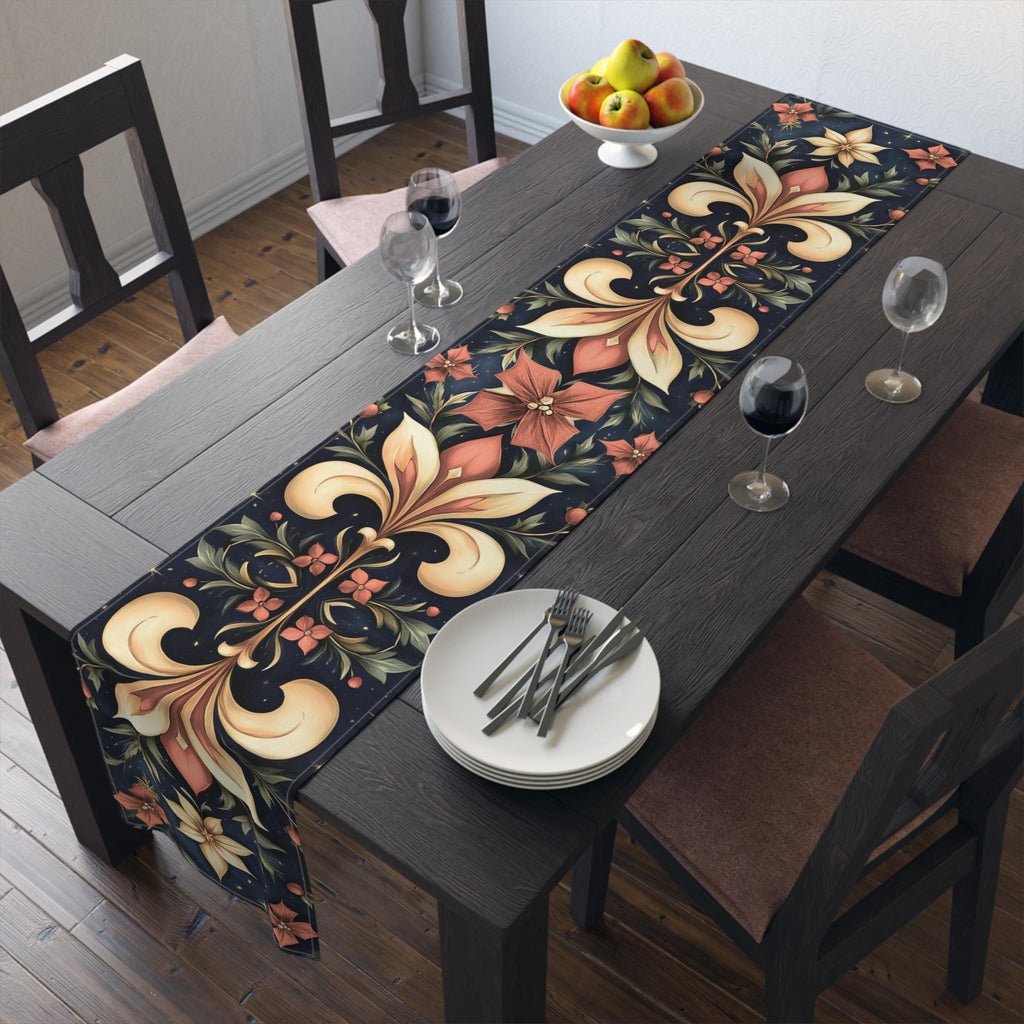 Holiday Fleur-de-lis Table Runner, Red Gold Christmas Decor
