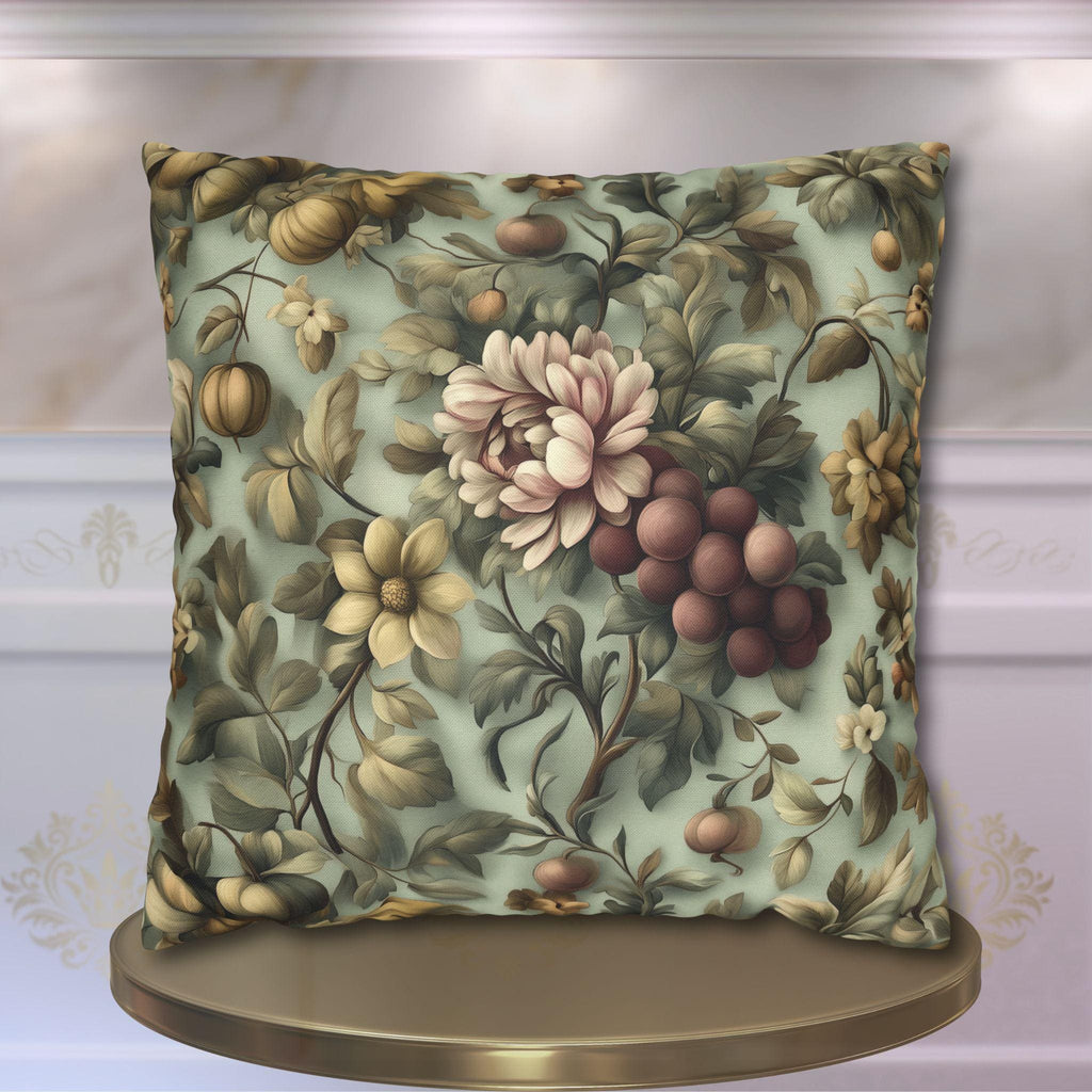 William Morris Inspired Autumn Floral Pillow Cover: Celadon, Fig Purple, Gold Heirloom Design