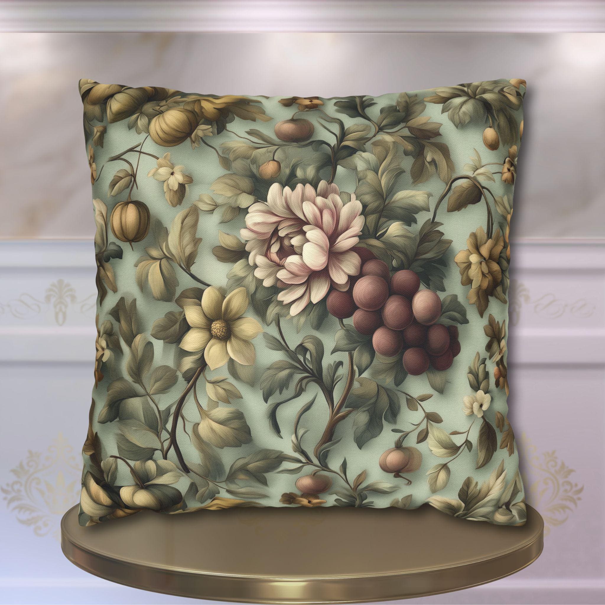 William Morris Inspired Autumn Floral Pillow Cover: Celadon, Fig Purple, Gold Heirloom Design