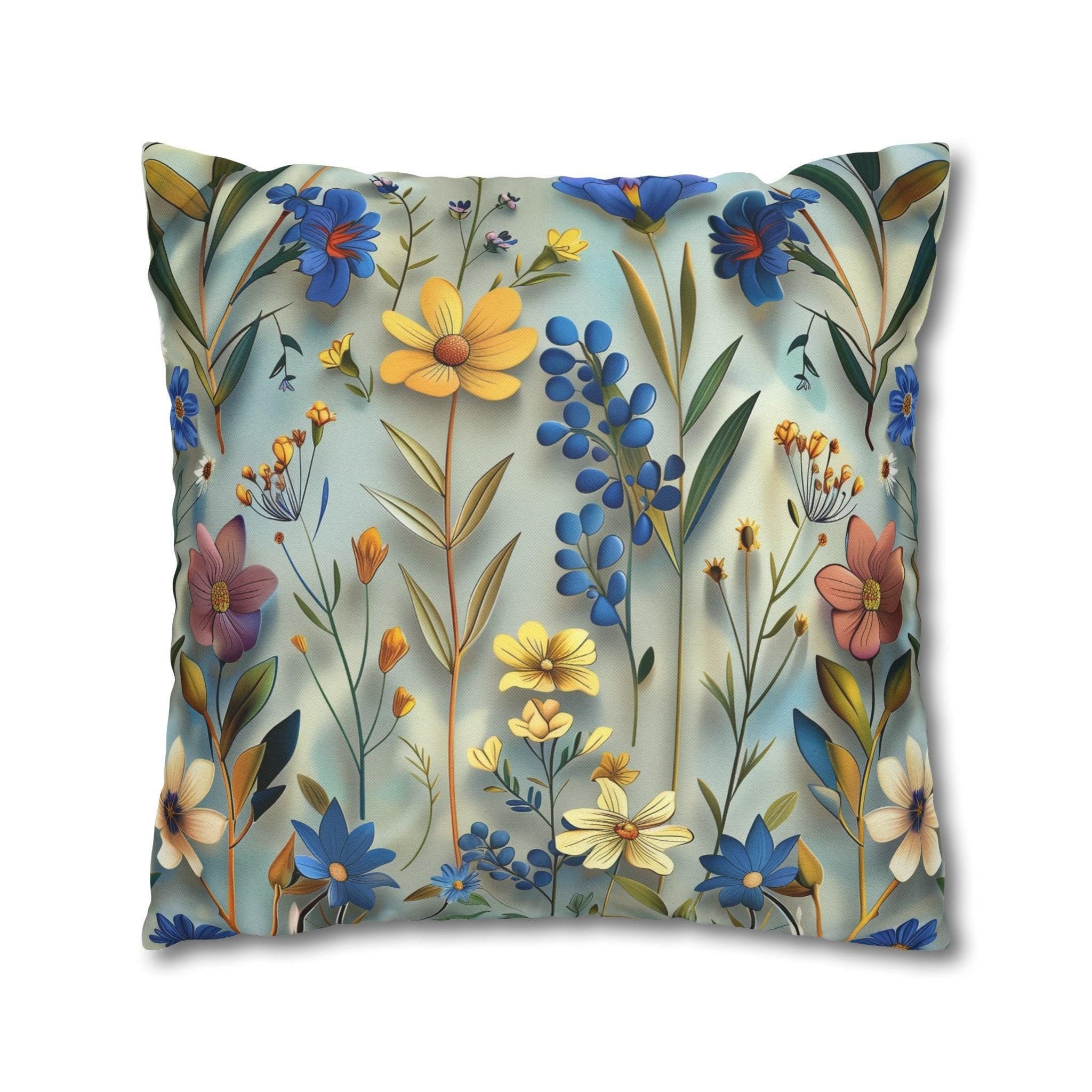 Floral Garden Pillow Cover: Rich Blue Yellow Pink Flowers