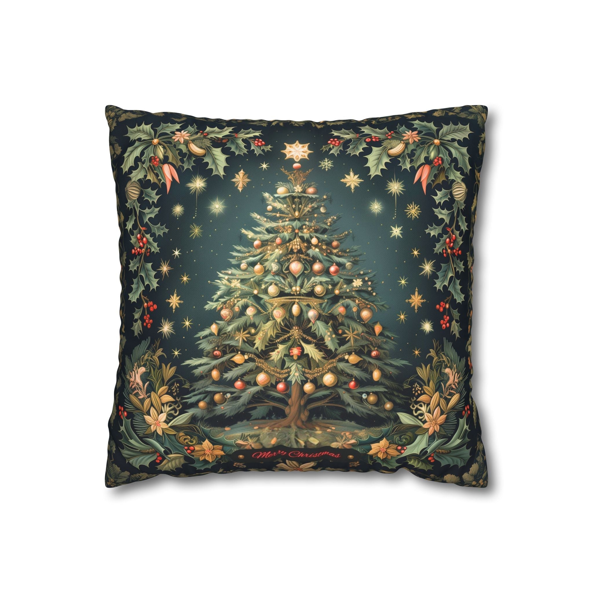 William Morris Merry Christmas 2024 Euro Sham, Gold Red Ornaments on Forest Green and Holly 24x24 & 26x26 inch sizes available