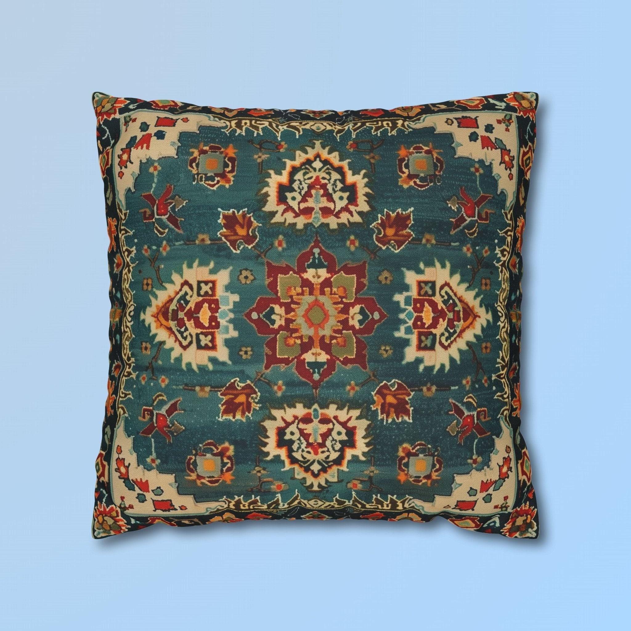 Turkish Rug-Inspired Throw Pillow Cover: Deep Teal & Warm Red Medallion Pattern Square Cushion