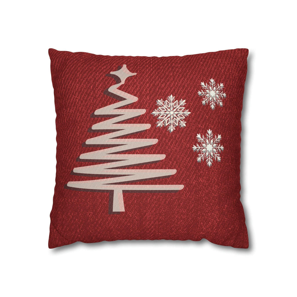 Rustic Elegance Pillow Cover: Beige Christmas Tree & Snowflakes on Red Textured Look Background