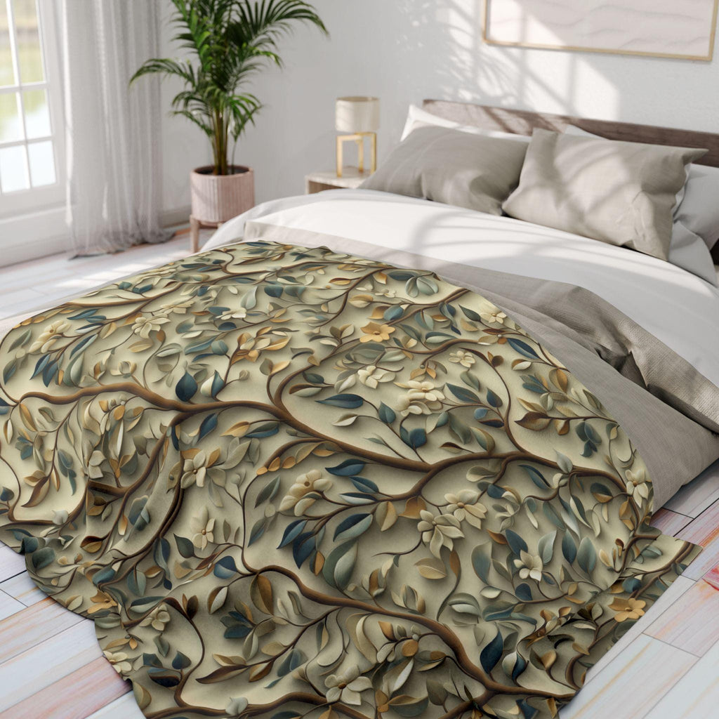 Botanical William Morris Inspired Fleece Blanket, Floral Green Gold White Beige Throw Blanket