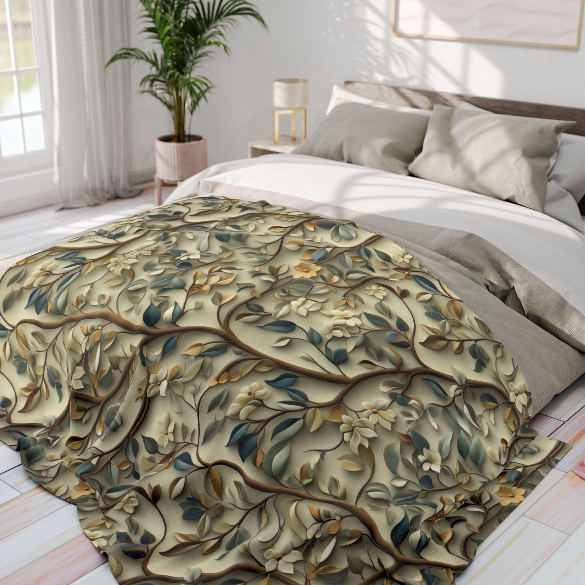 Botanical William Morris Inspired Fleece Blanket, Floral Green Gold White Beige Throw Blanket